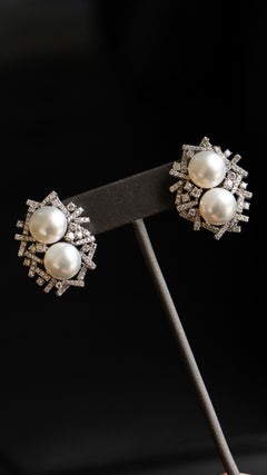 18k White Gold Diamond and Pearl Earrings Approx 6CTW
