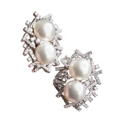18k White Gold Diamond and Pearl Earrings Approx 6CTW