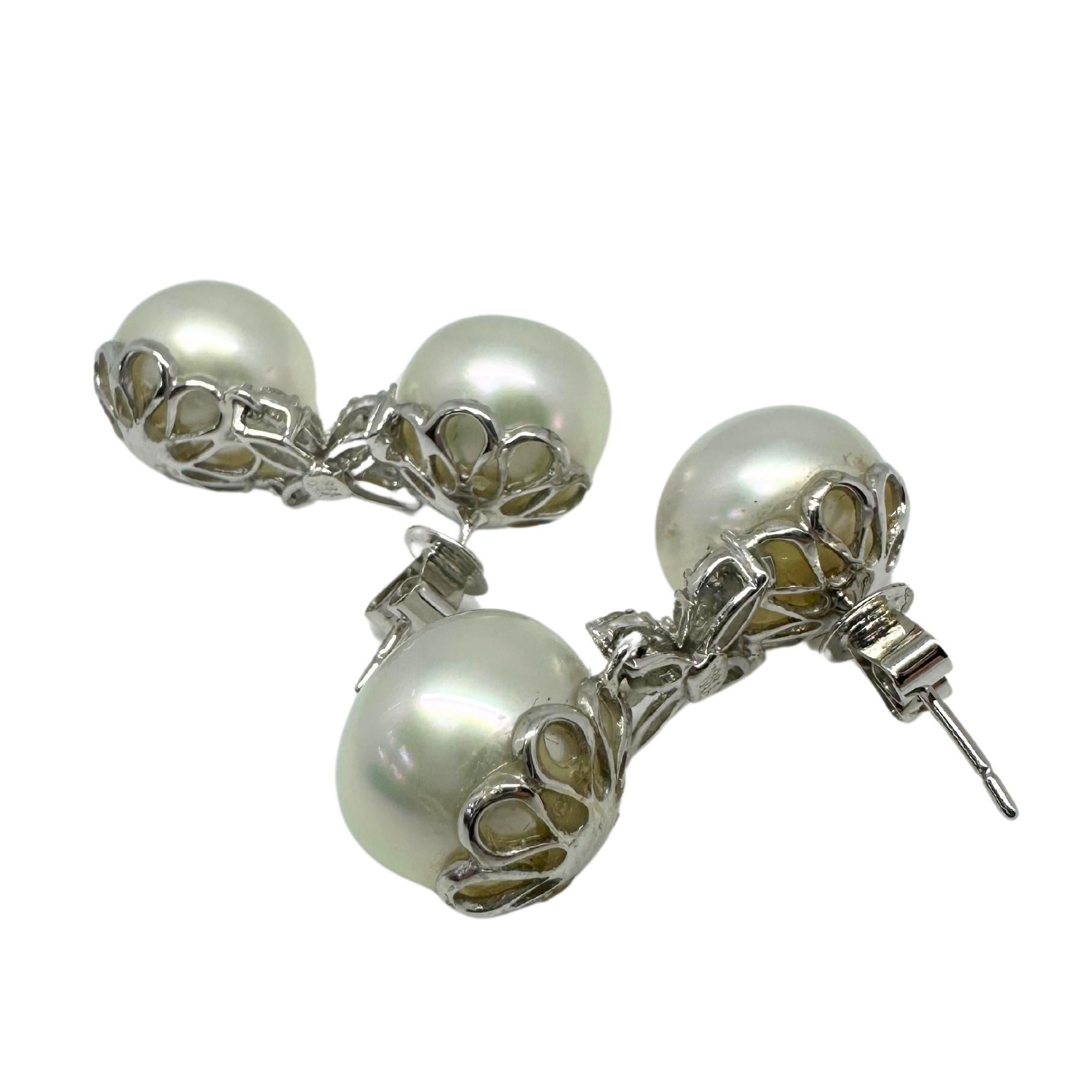Round Cut 18K White Gold Diamond and Pearl Earrings For Sale