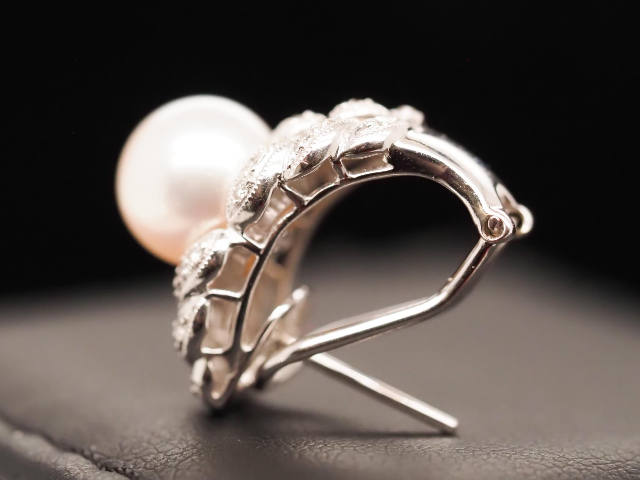 18K White Gold Diamond and Pearl Earrings For Sale 1