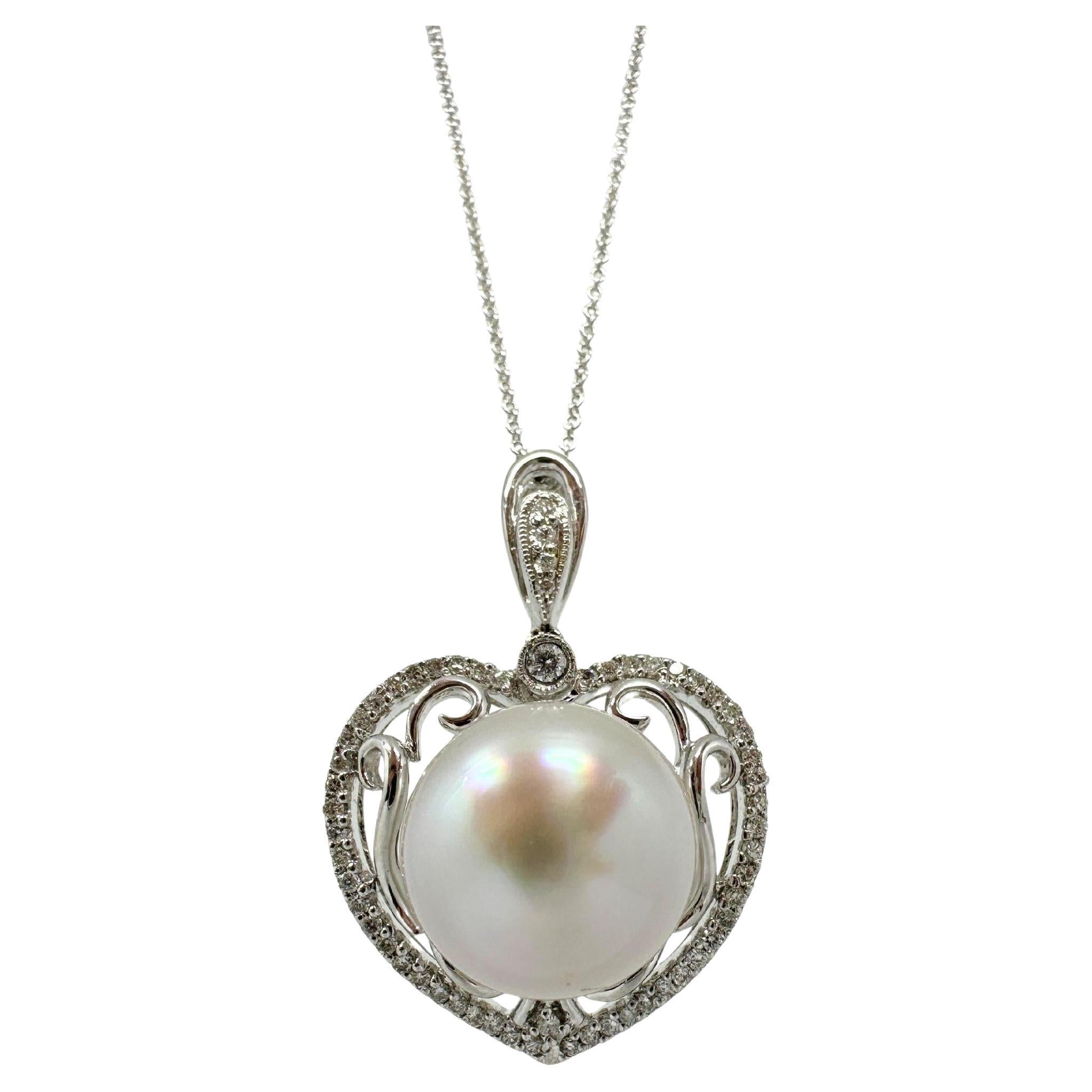 18K White Gold Diamond and Pearl Heart Pendant Necklace