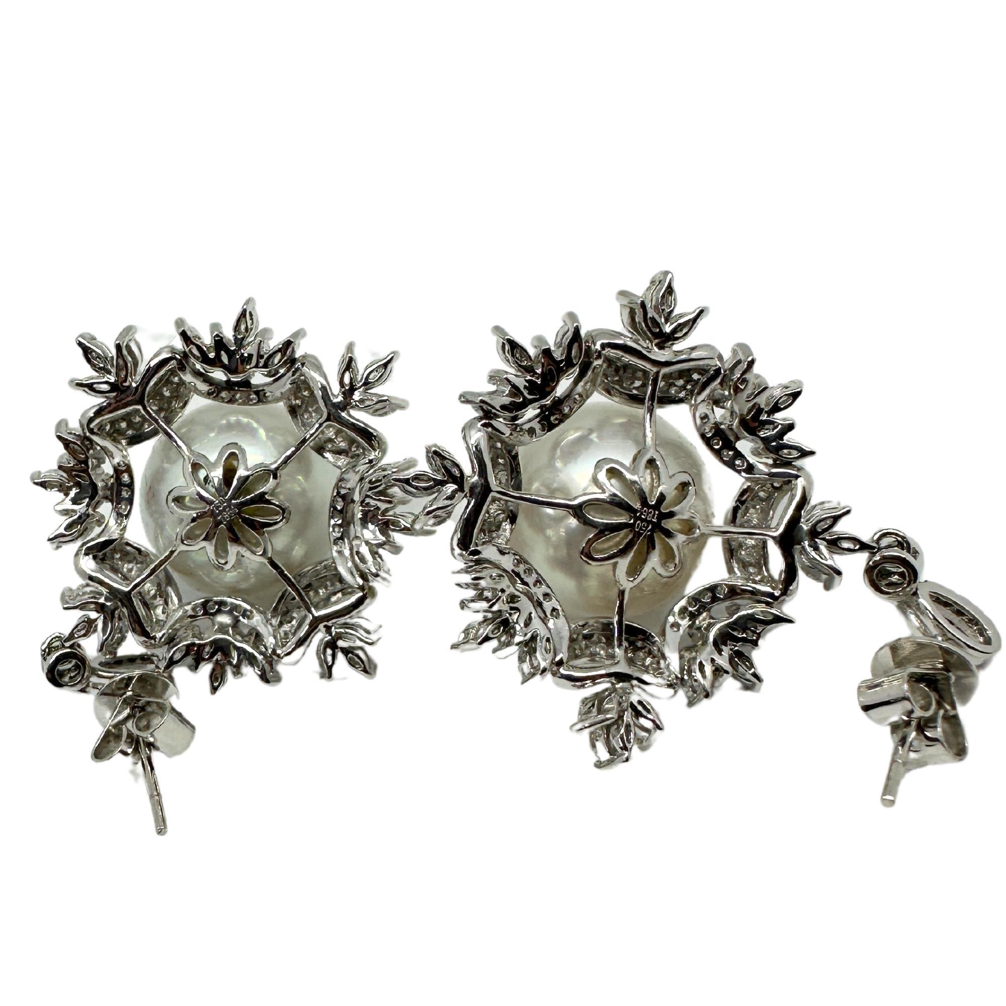 Modern 18K White Gold Diamond and Pearl Snowflake Earrings For Sale