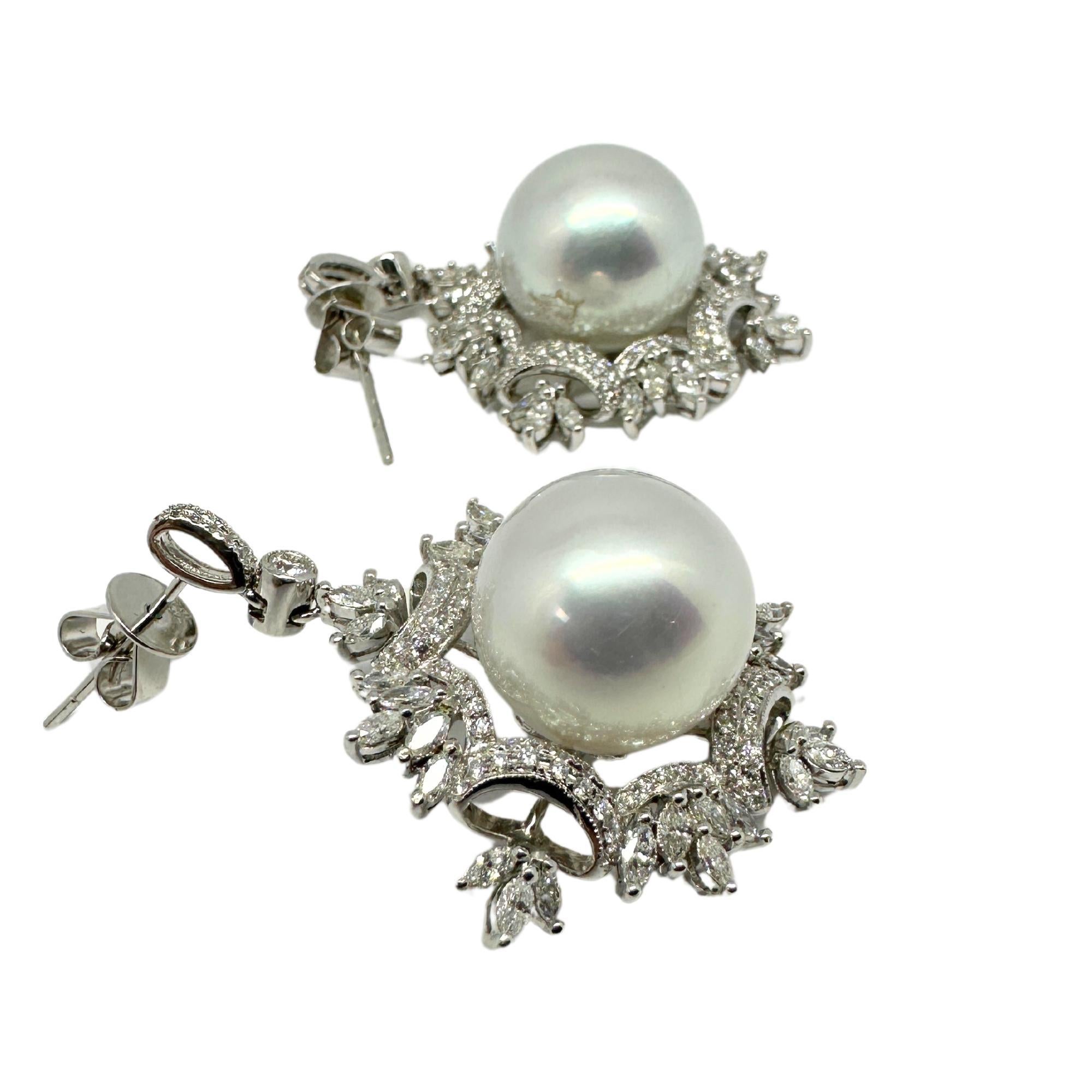 Round Cut 18K White Gold Diamond and Pearl Snowflake Earrings For Sale