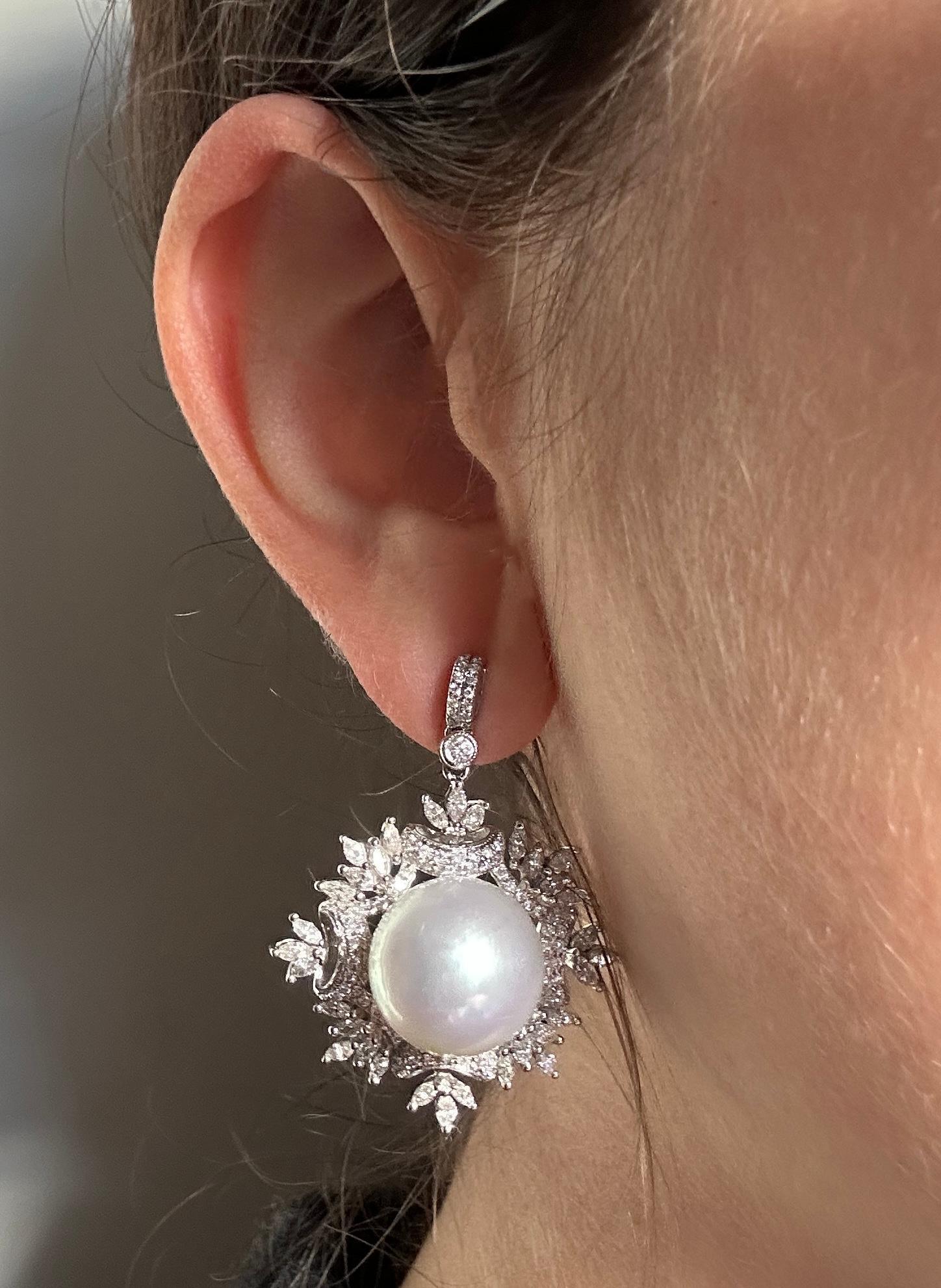 18K White Gold Diamond and Pearl Snowflake Earrings For Sale 1