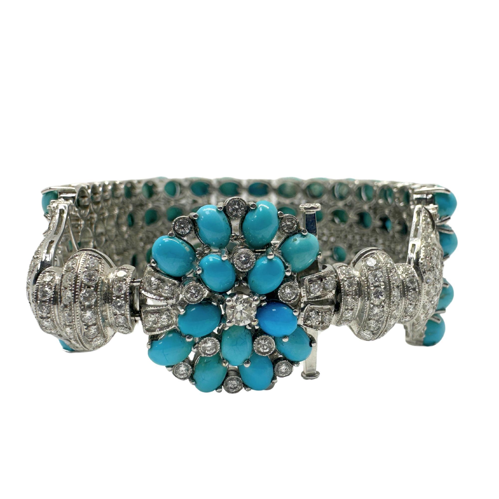 Bracciale in oro bianco 18K con diamanti e turchese persiano In condizioni buone in vendita a New York, NY