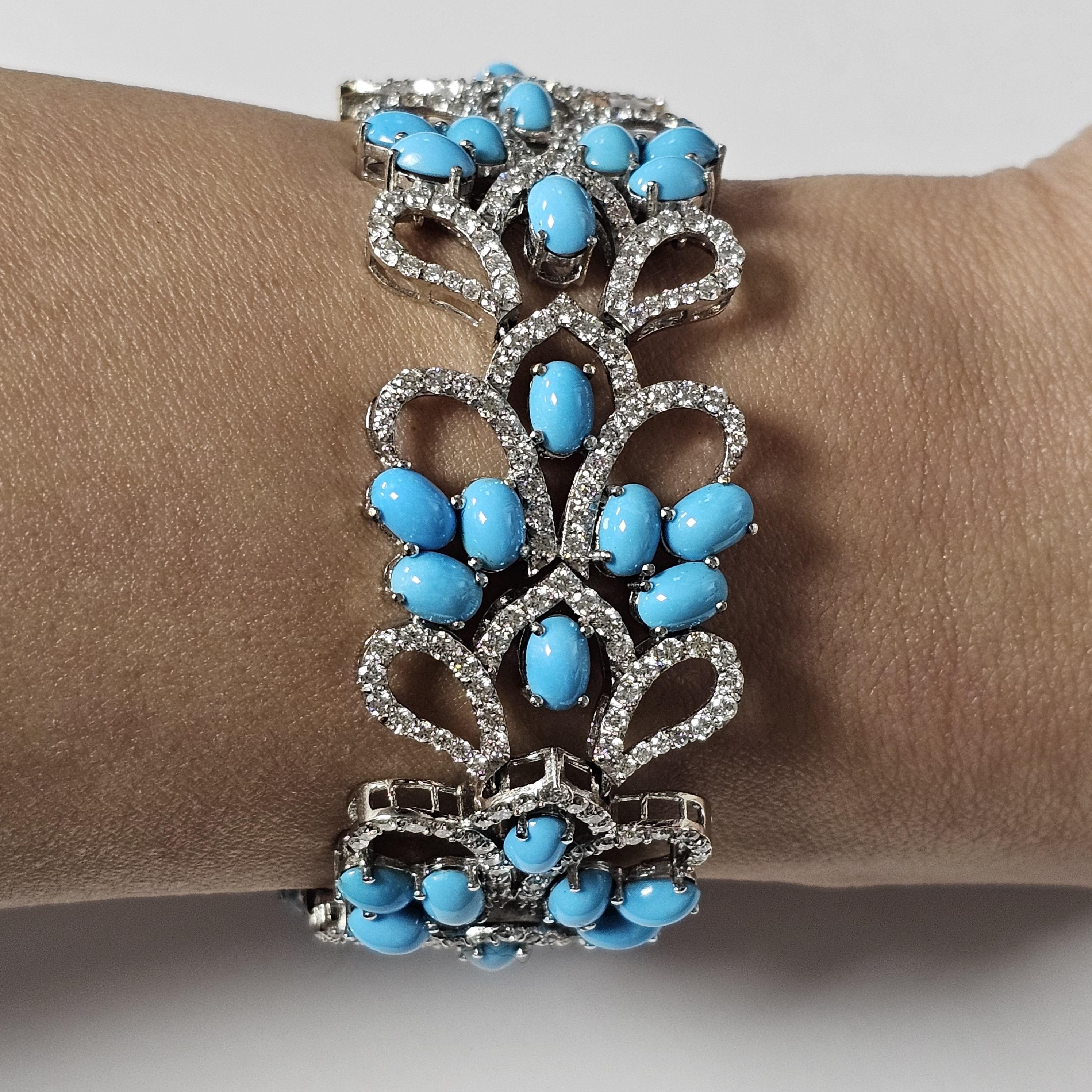 Bracelet en or blanc 18K avec diamants et turquoise persane en vente 3