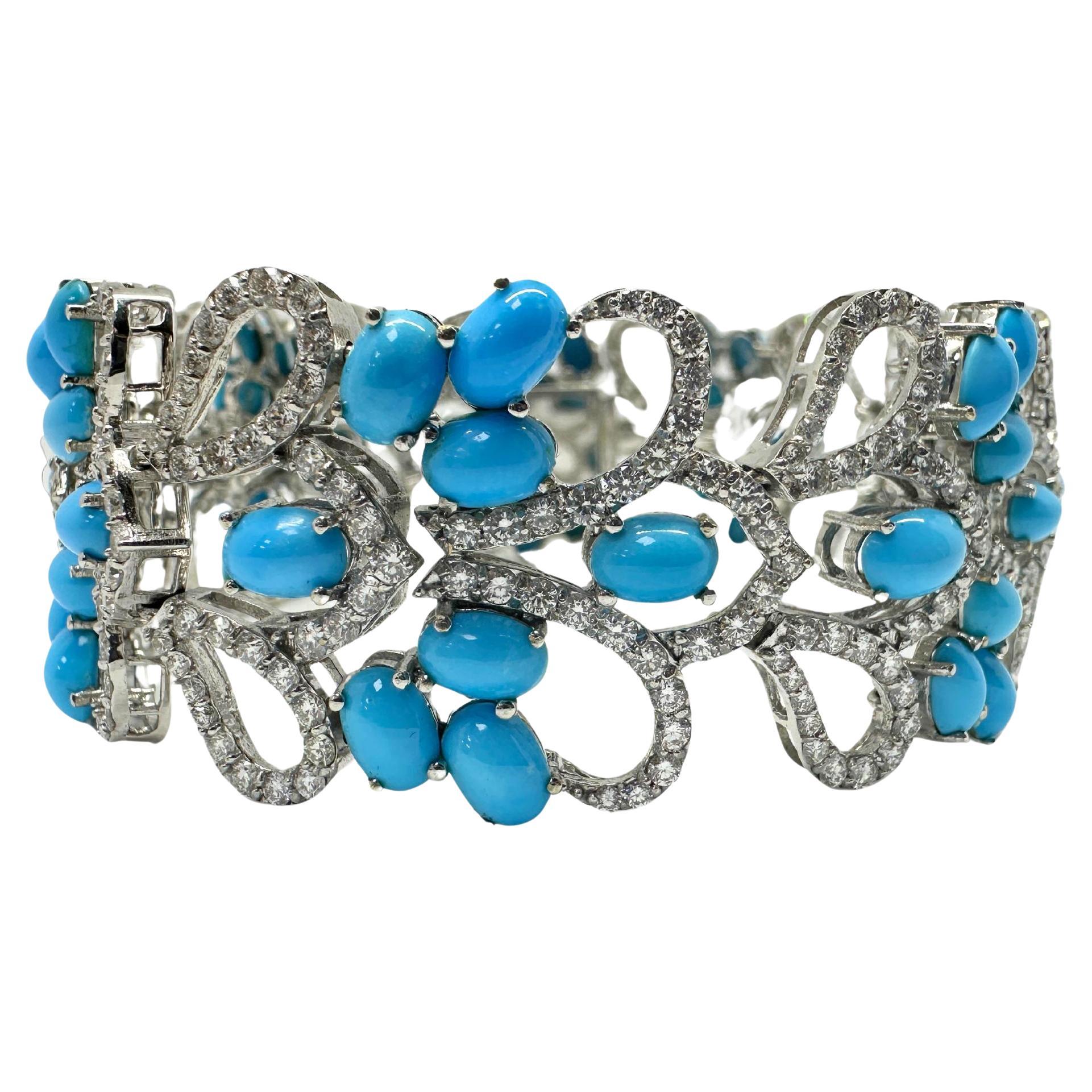 18K White Gold Diamond and Persian Turquoise Bracelet