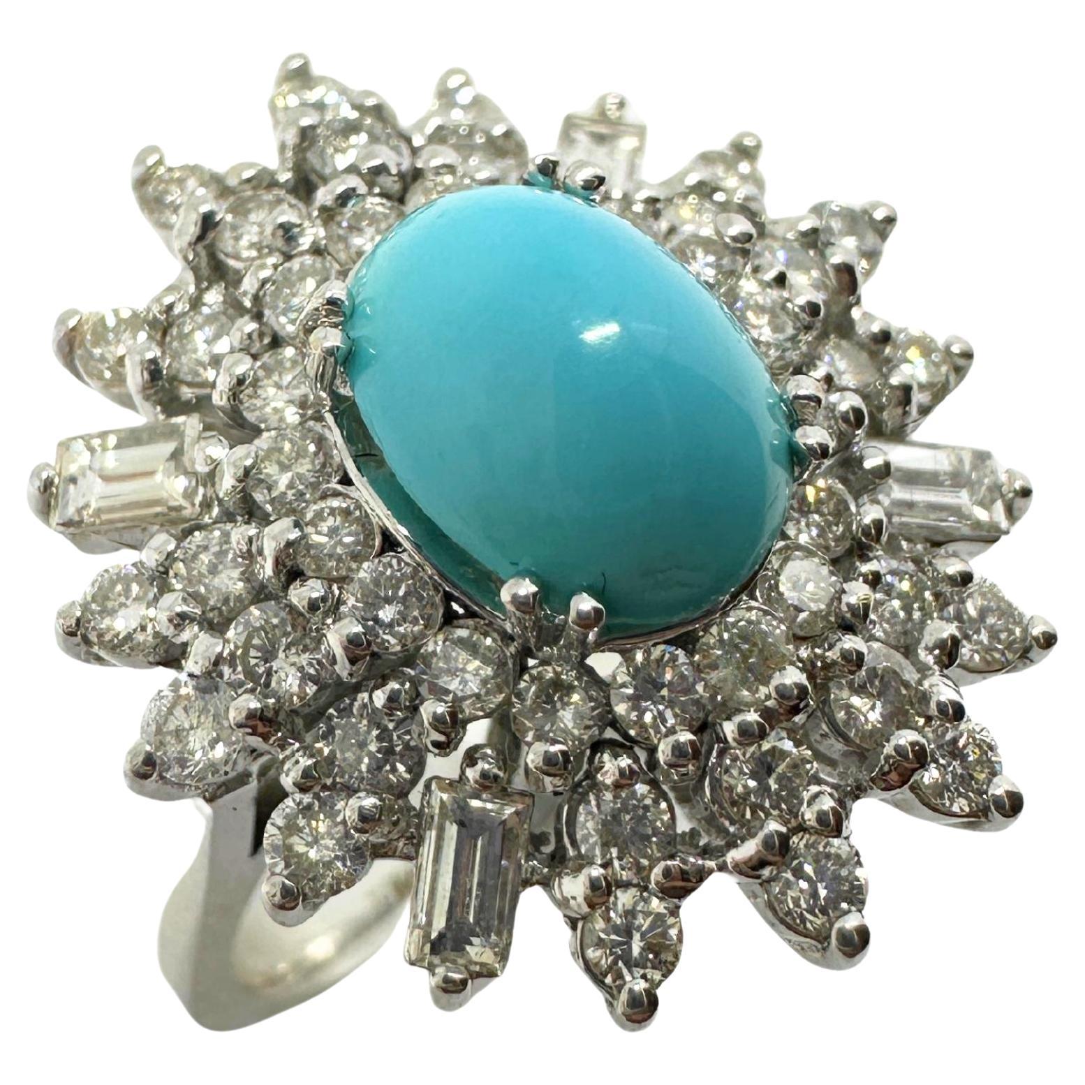 18k White Gold Diamond and Persian Turquoise Cluster Ring
