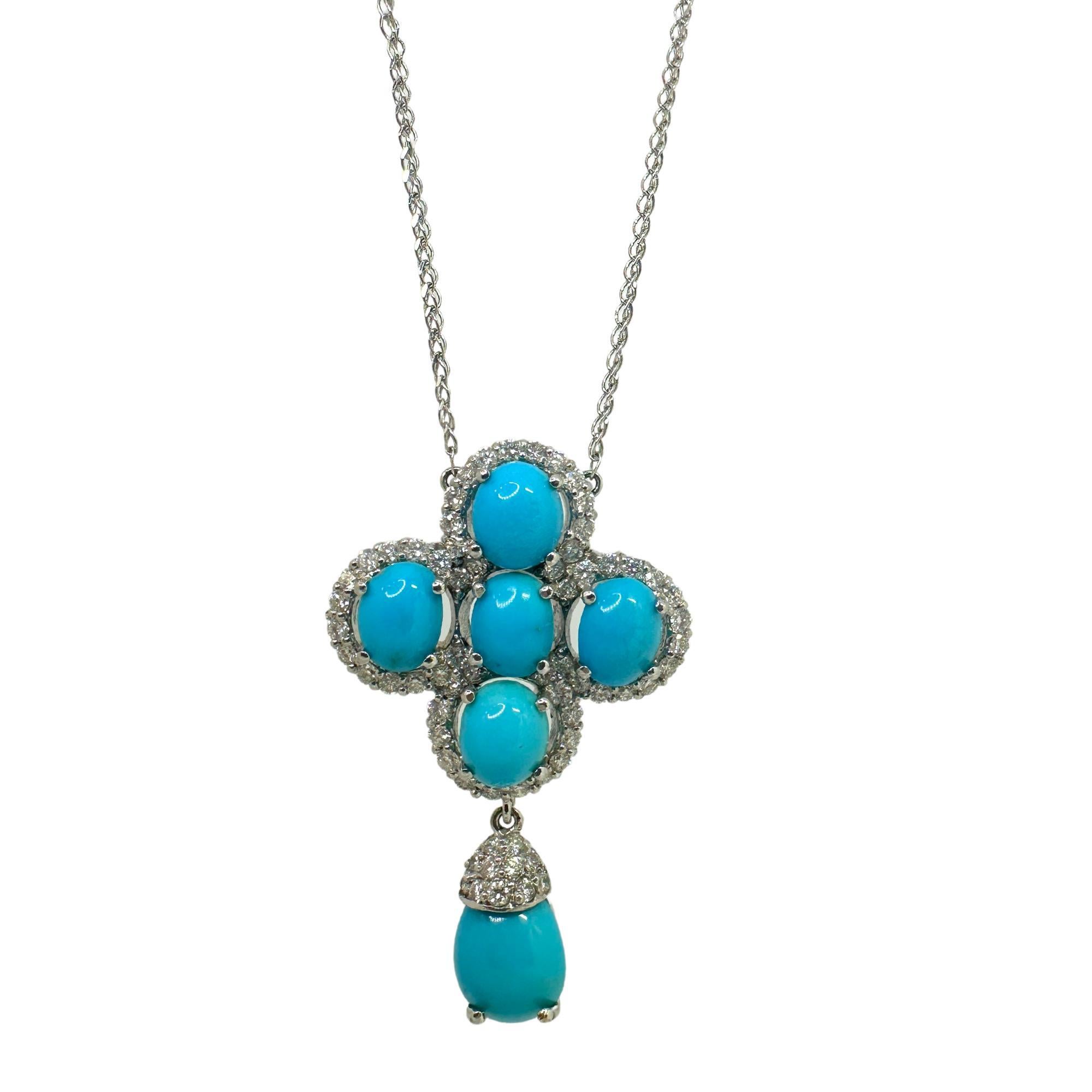 18k White Gold Diamond and Persian Turquoise Pendant Necklace
Condition: In good condition with some minor surface wear consistent with age.
Length: 17.5 inch chain, 1.4 inch pendant
Width: 0.90 inches
Metal: 18k White Gold
Weight: 5.30