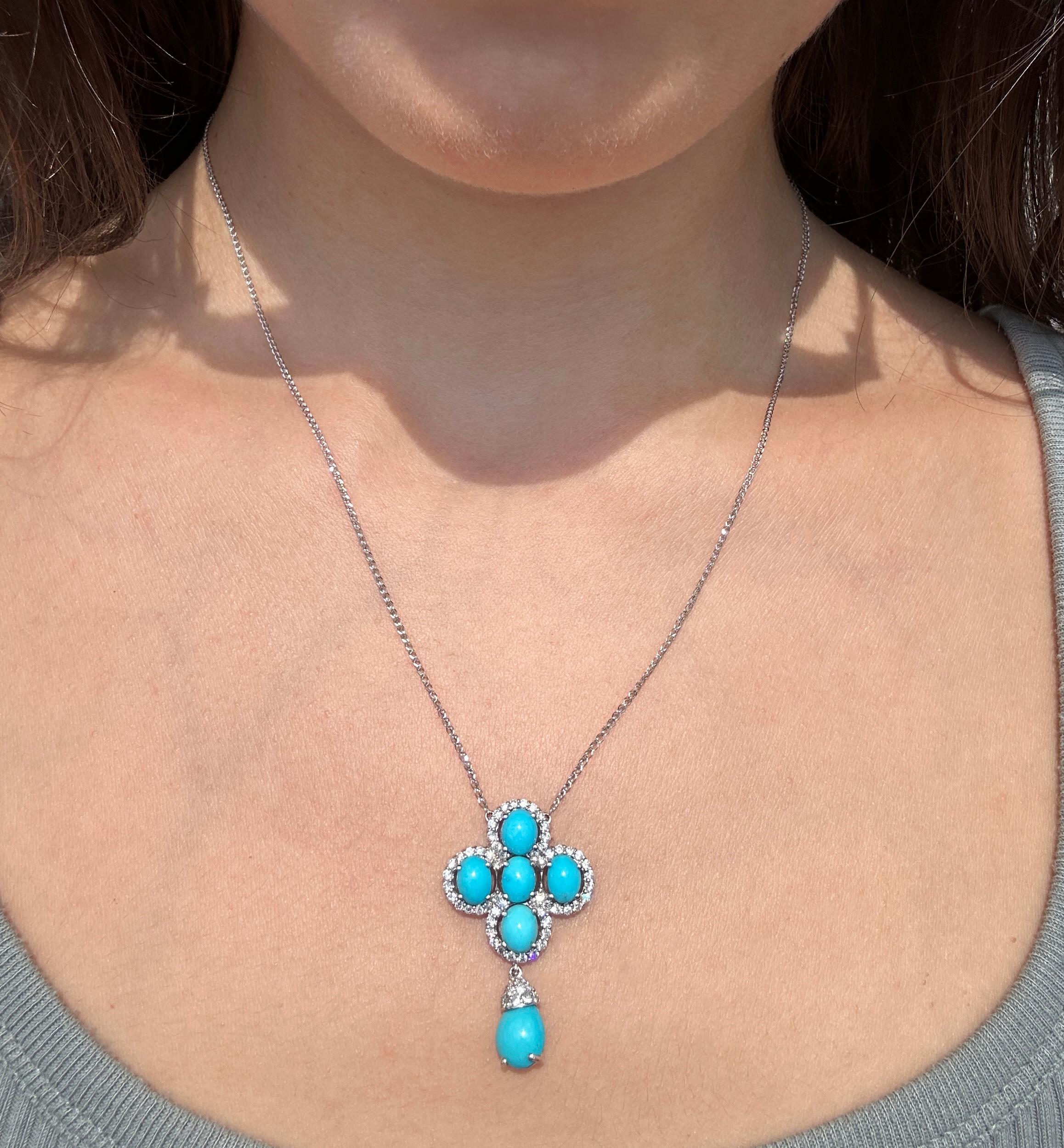 Modern 18k White Gold Diamond and Persian Turquoise Pendant Necklace For Sale
