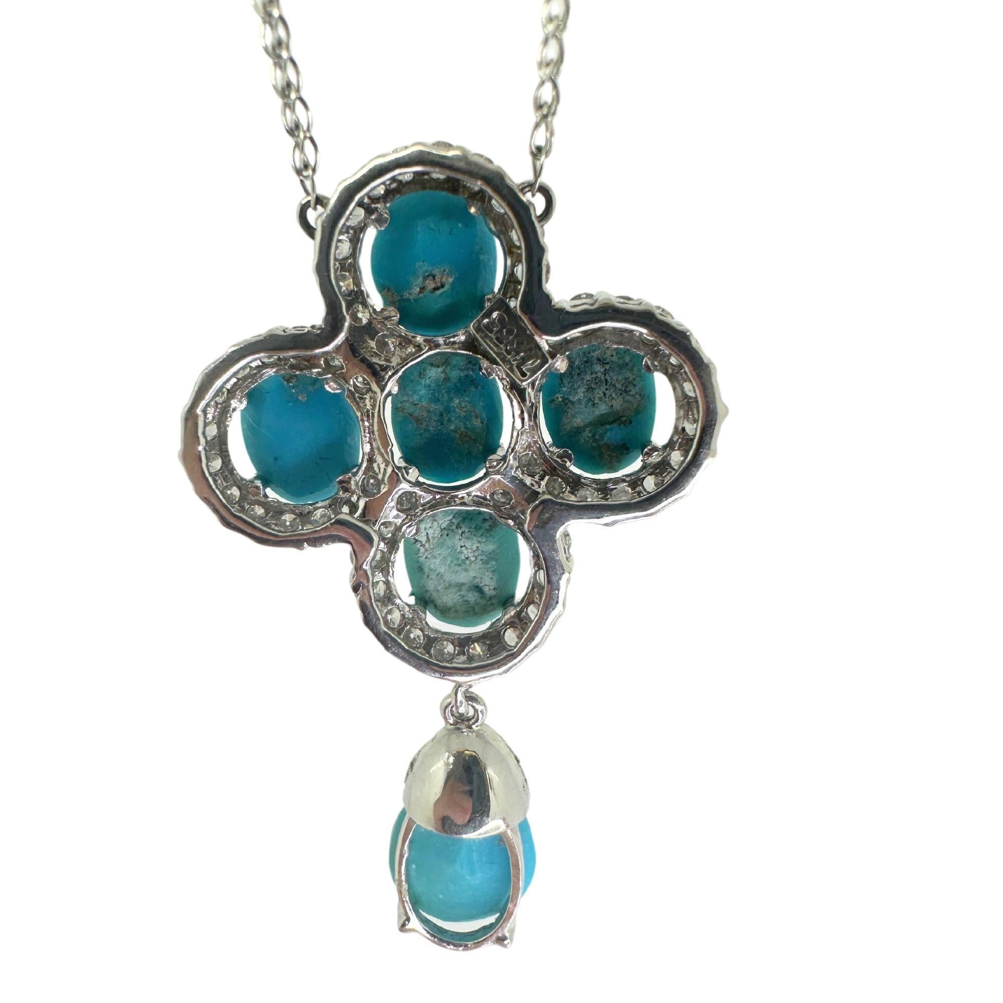 Round Cut 18k White Gold Diamond and Persian Turquoise Pendant Necklace For Sale