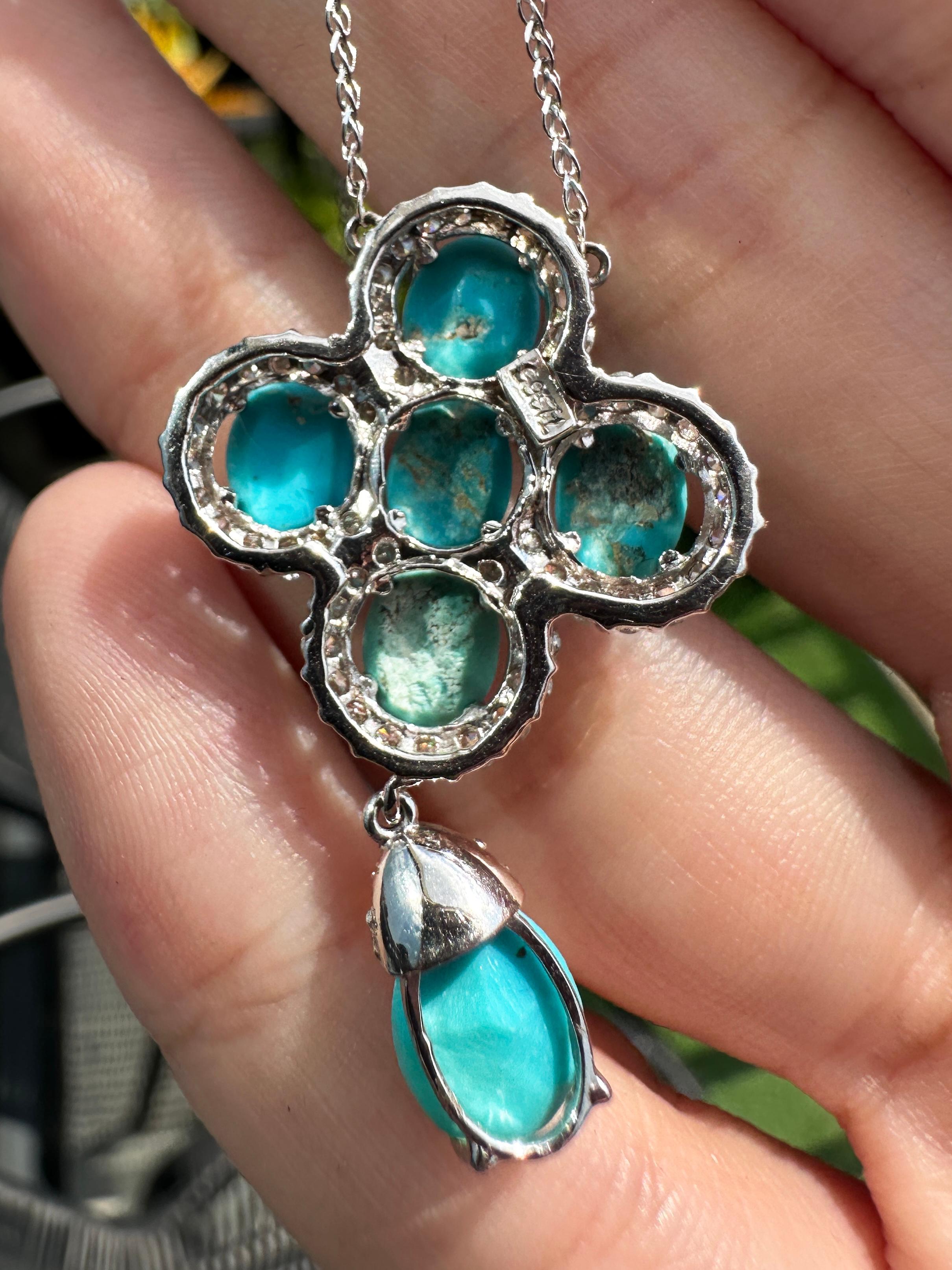 Women's 18k White Gold Diamond and Persian Turquoise Pendant Necklace For Sale