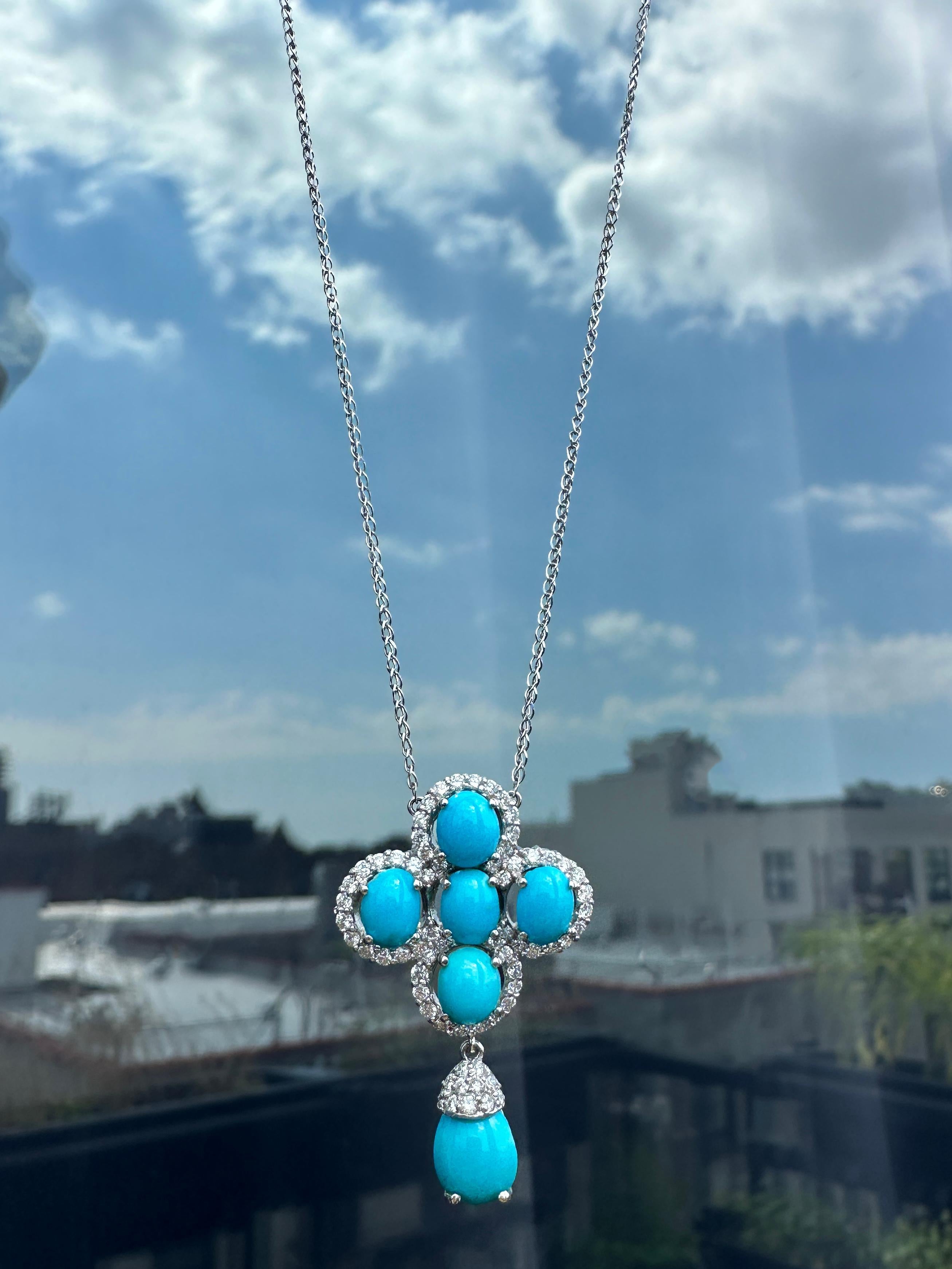 18k White Gold Diamond and Persian Turquoise Pendant Necklace For Sale 2
