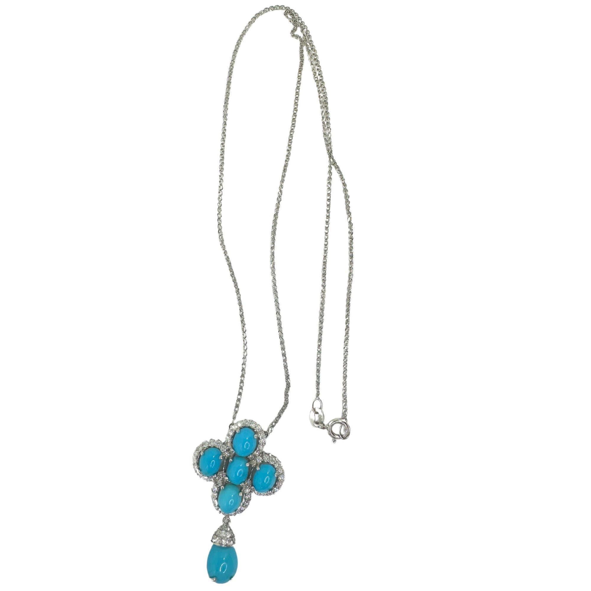 18k White Gold Diamond and Persian Turquoise Pendant Necklace For Sale 3
