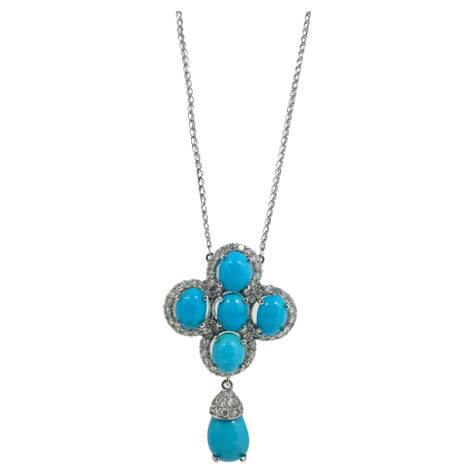 18k White Gold Diamond and Persian Turquoise Pendant Necklace For Sale