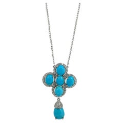 18k White Gold Diamond and Persian Turquoise Pendant Necklace