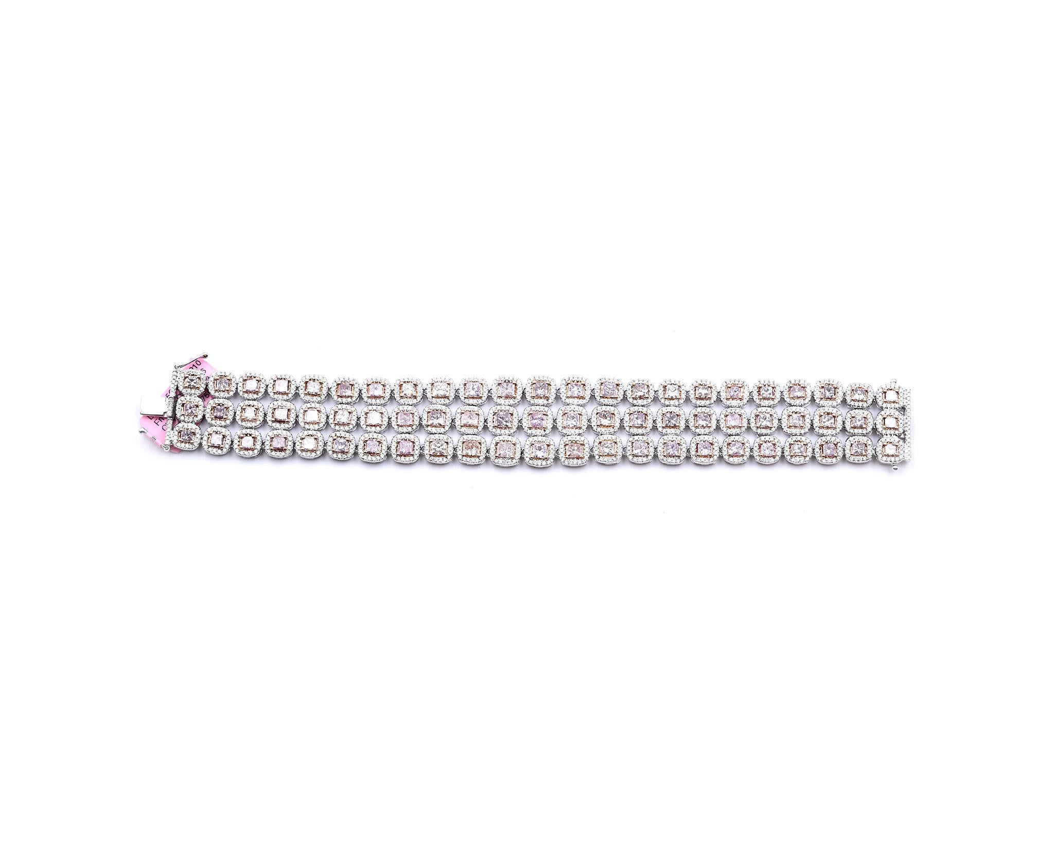 Round Cut 18 Karat White Gold Diamond and Pink Diamond Three-Row Link Bracelet For Sale