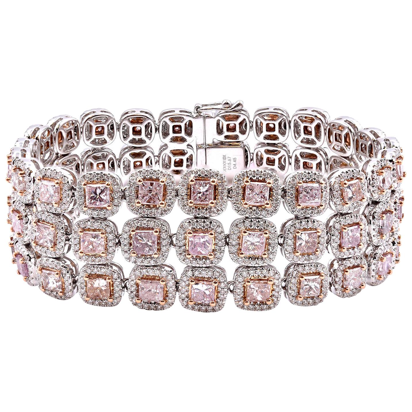 18 Karat White Gold Diamond and Pink Diamond Three-Row Link Bracelet For Sale