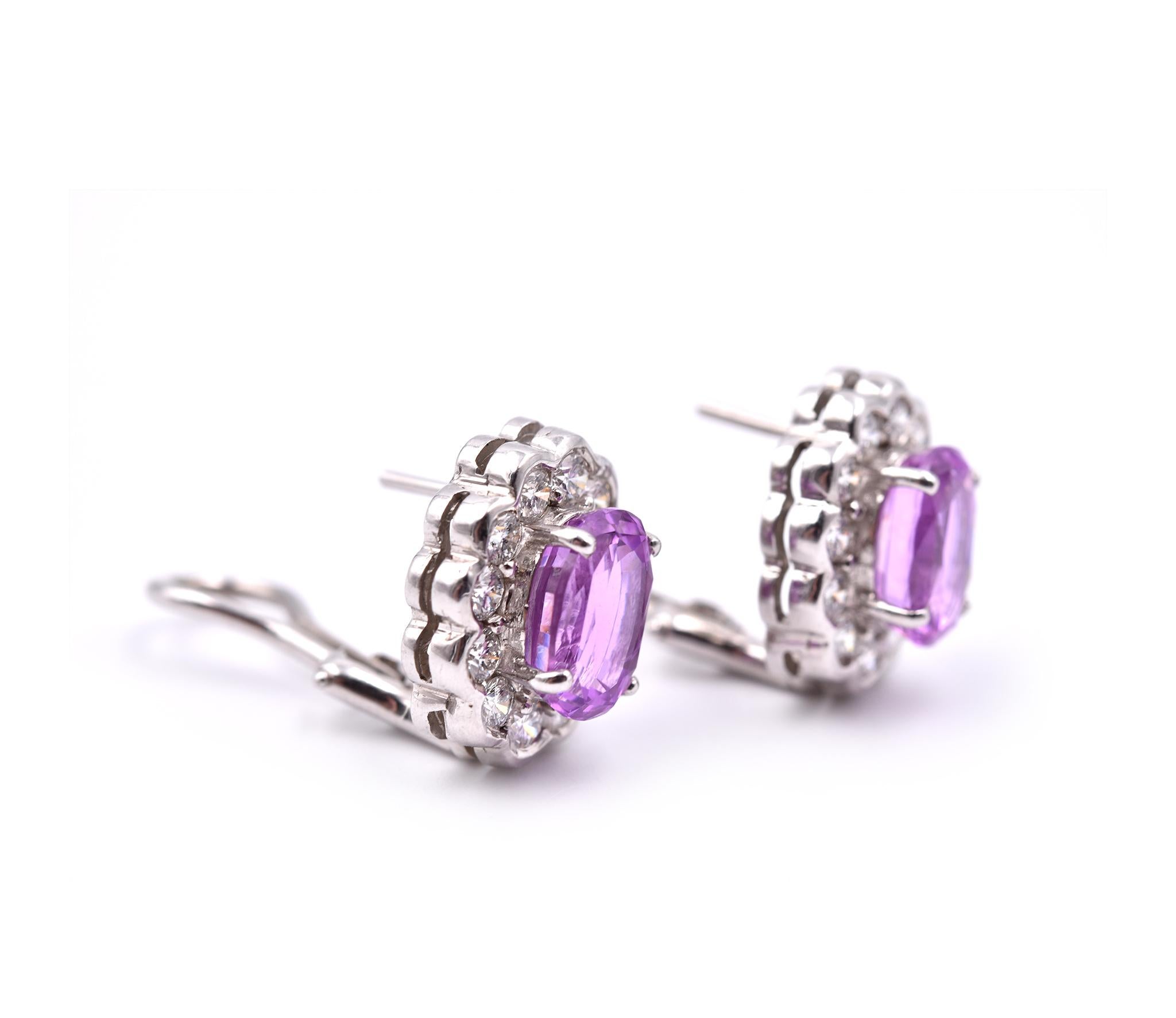 Designer: custom design
Material: 18k white gold
Pink Sapphire: 2 pink sapphire= 6.35cttw
Diamonds: 24= 1.45cttw
Color: G
Clarity: VS
Fastenings: post with Omega back
Dimensions: each earring is 15.63mm long and 12.72mm  wide
Weight: 9.55 grams
