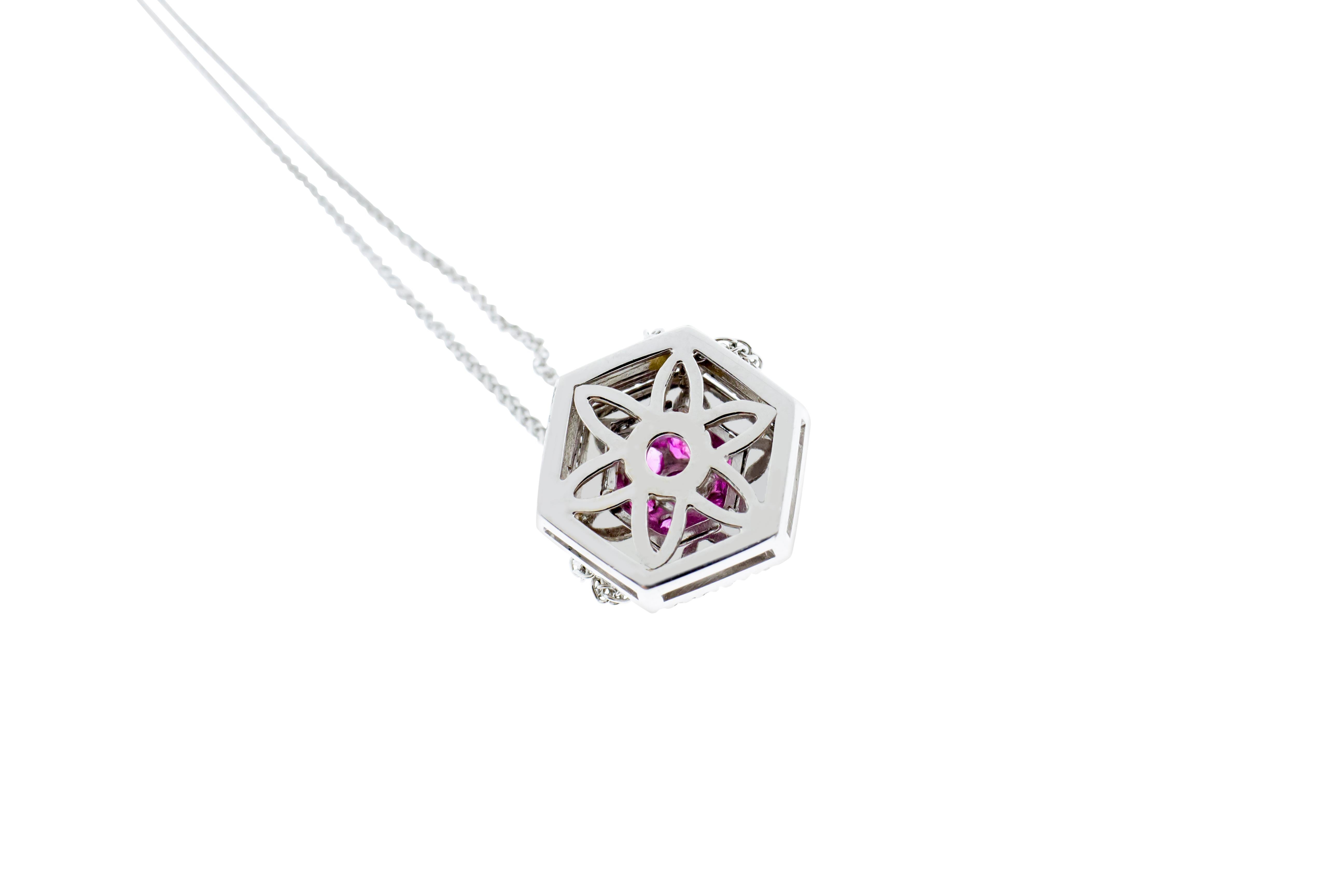 Round Cut 18 Karat White Gold Diamond and Pink Sapphire Pendant Necklace For Sale