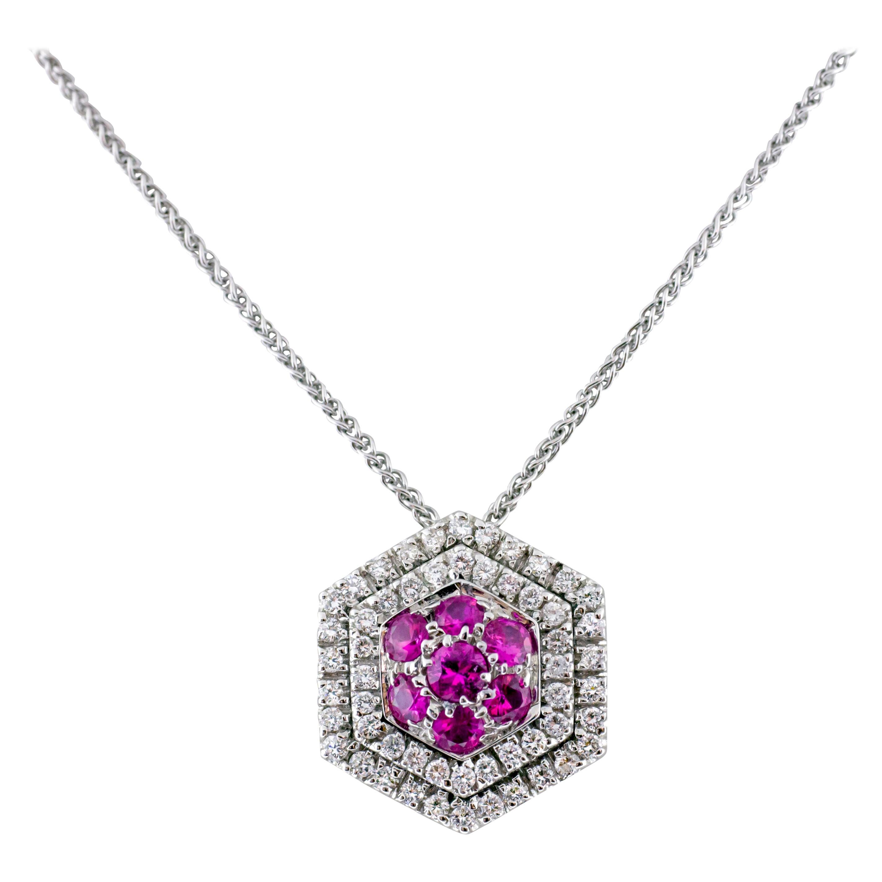 18 Karat White Gold Diamond and Pink Sapphire Pendant Necklace For Sale