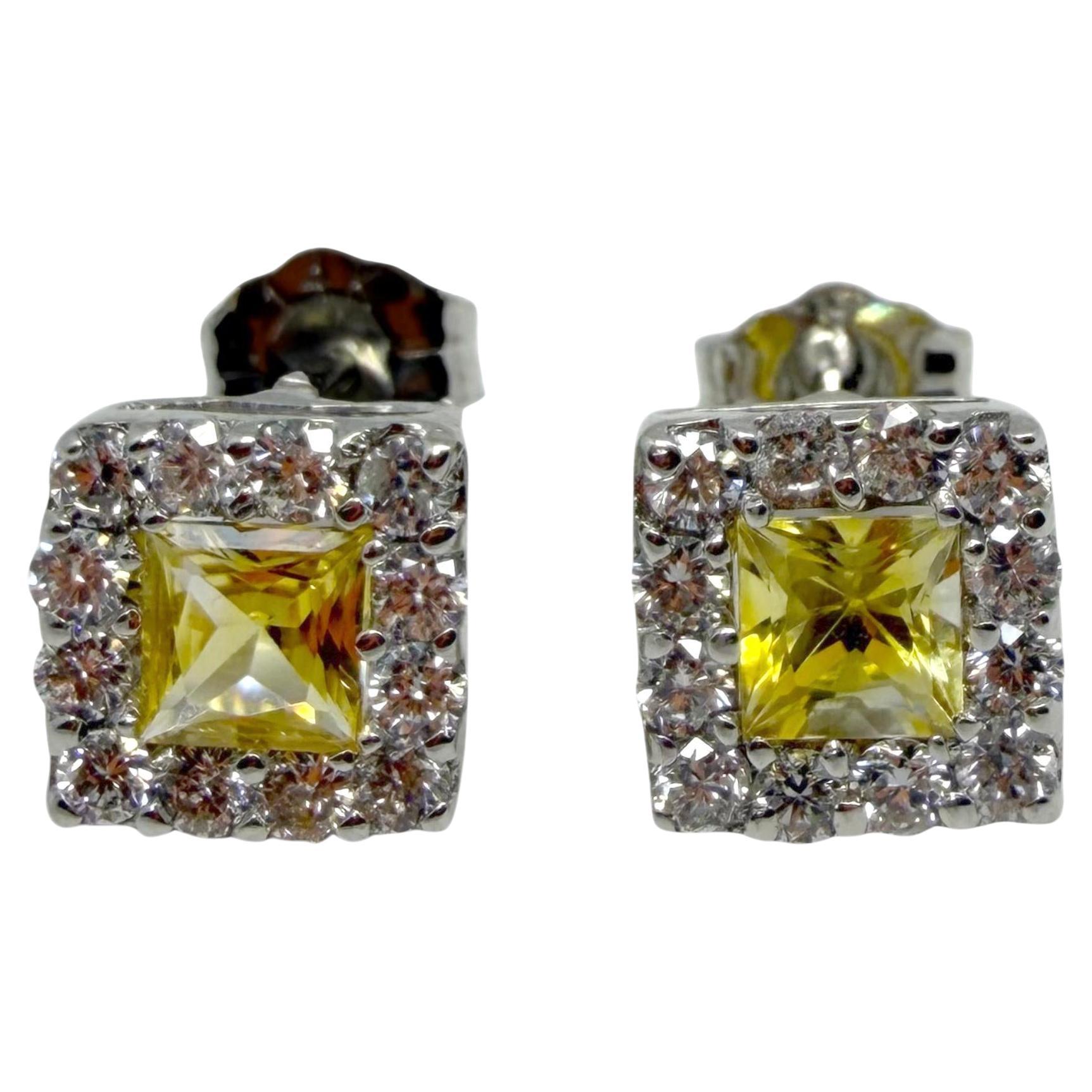 18K White Gold Diamond and Princess Cut Yellow Sapphire Studs with 14K Backings For Sale