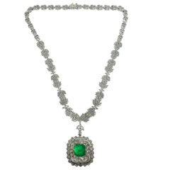GIA Certified 18K 9.30 Ct. Cushion Columbian F2 Emerald and Diamond Drop Necklac