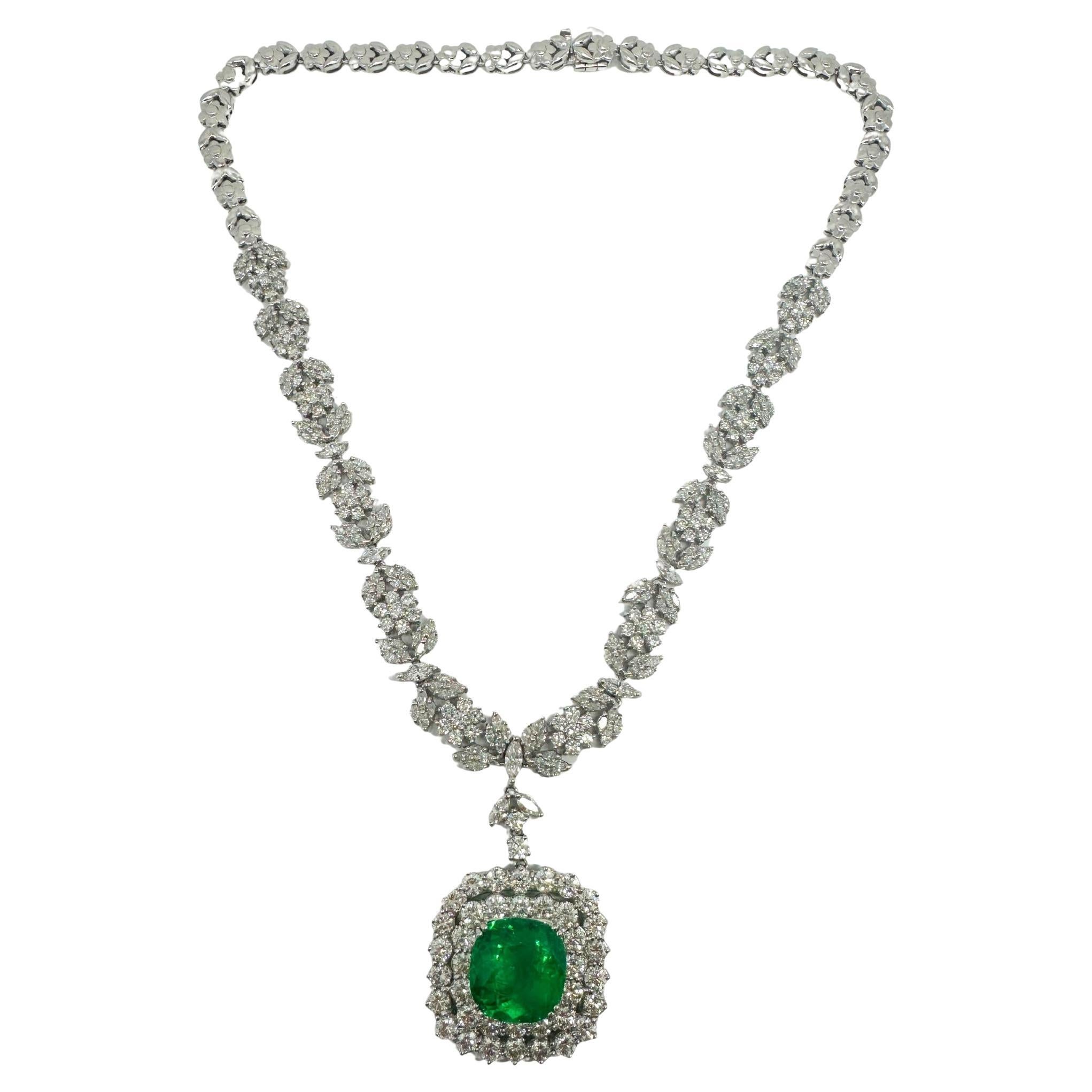 18K White Gold Diamond and Round Emerald Drop Necklace