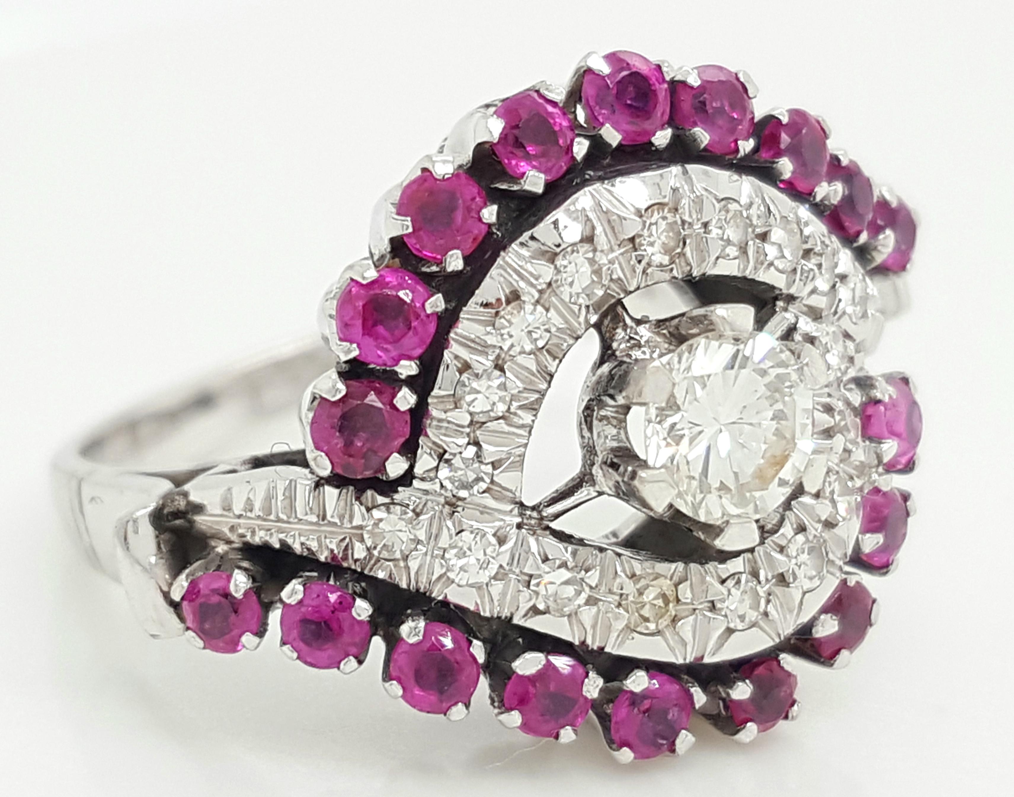 Round Cut 18 Karat White Gold Diamond and Ruby Bypass Ring, Round Brilliant Cut Center For Sale