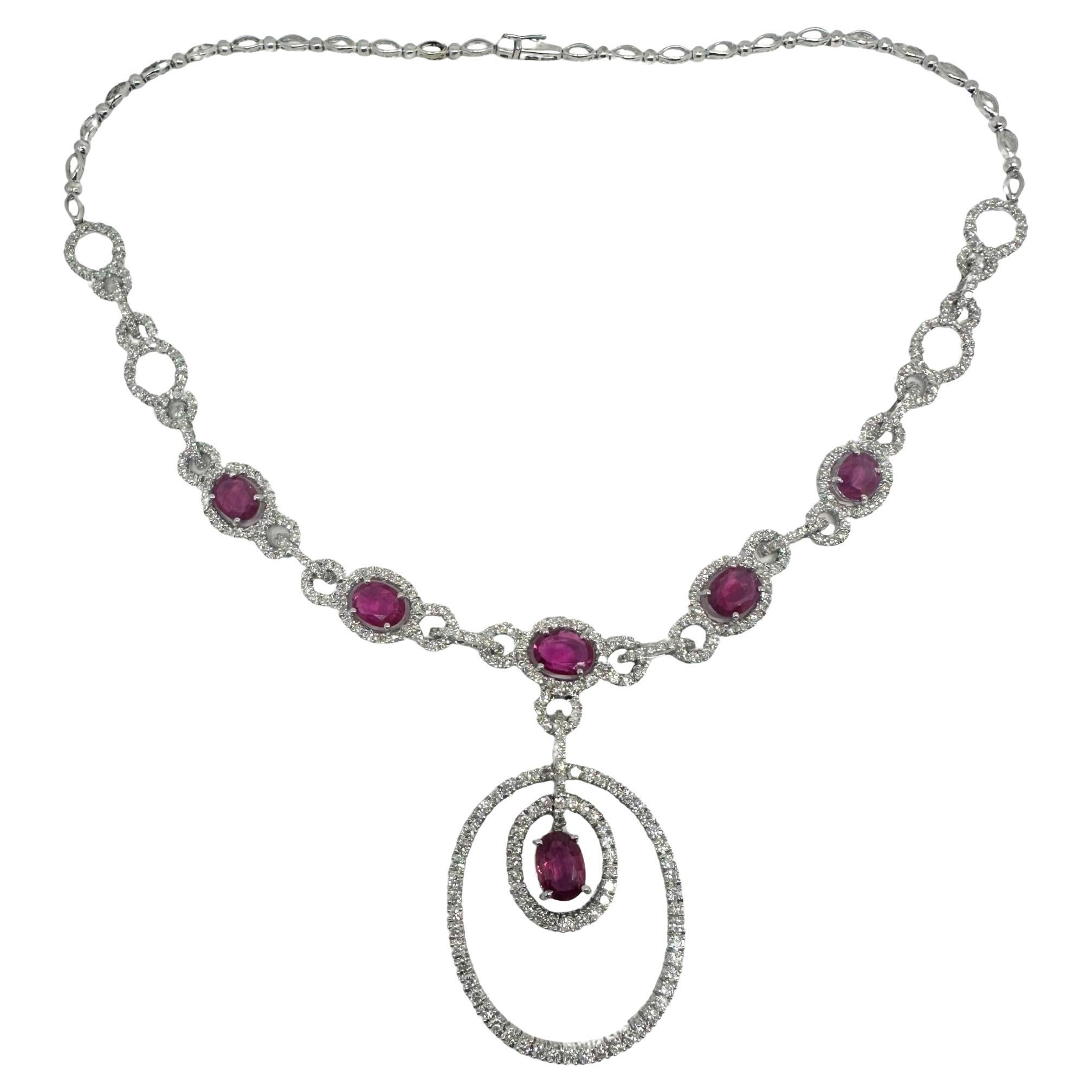 18K White Gold Diamond and Ruby Drop Necklace