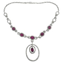 18K White Gold Diamond and Ruby Drop Necklace
