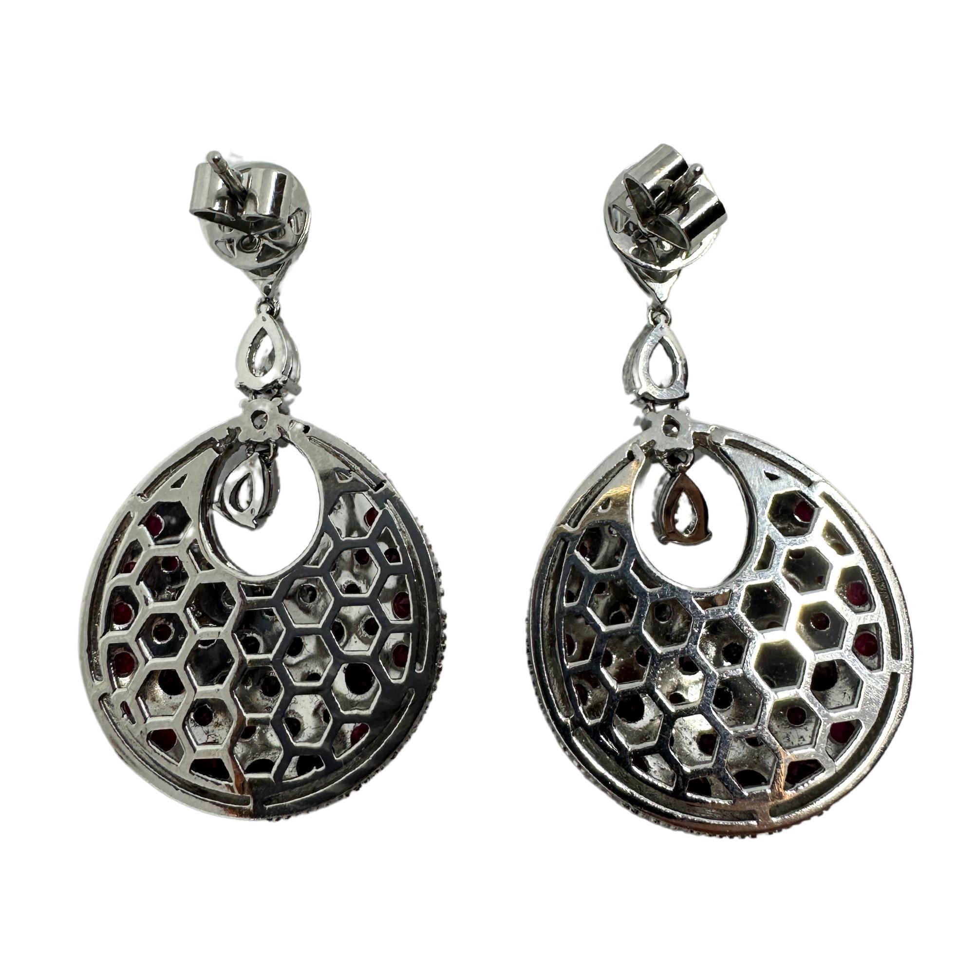 18K White Gold Diamond and Ruby Earrings
Condition: In good condition with some minor surface wear consistent with age.
Measurements: 1.85 inches x 1 inch
Metal: 18k White Gold
Weight: 23.2 grams
Diamonds: 3.62 carats 
Ruby: 9.76 carats