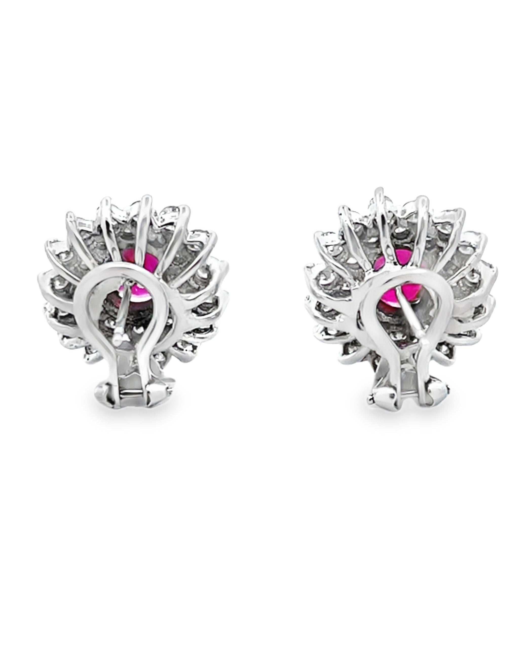 Oval Ruby Earrings with Starburst Diamonds in 18K White Gold with Omega Backs Neuf - En vente à Old Tappan, NJ