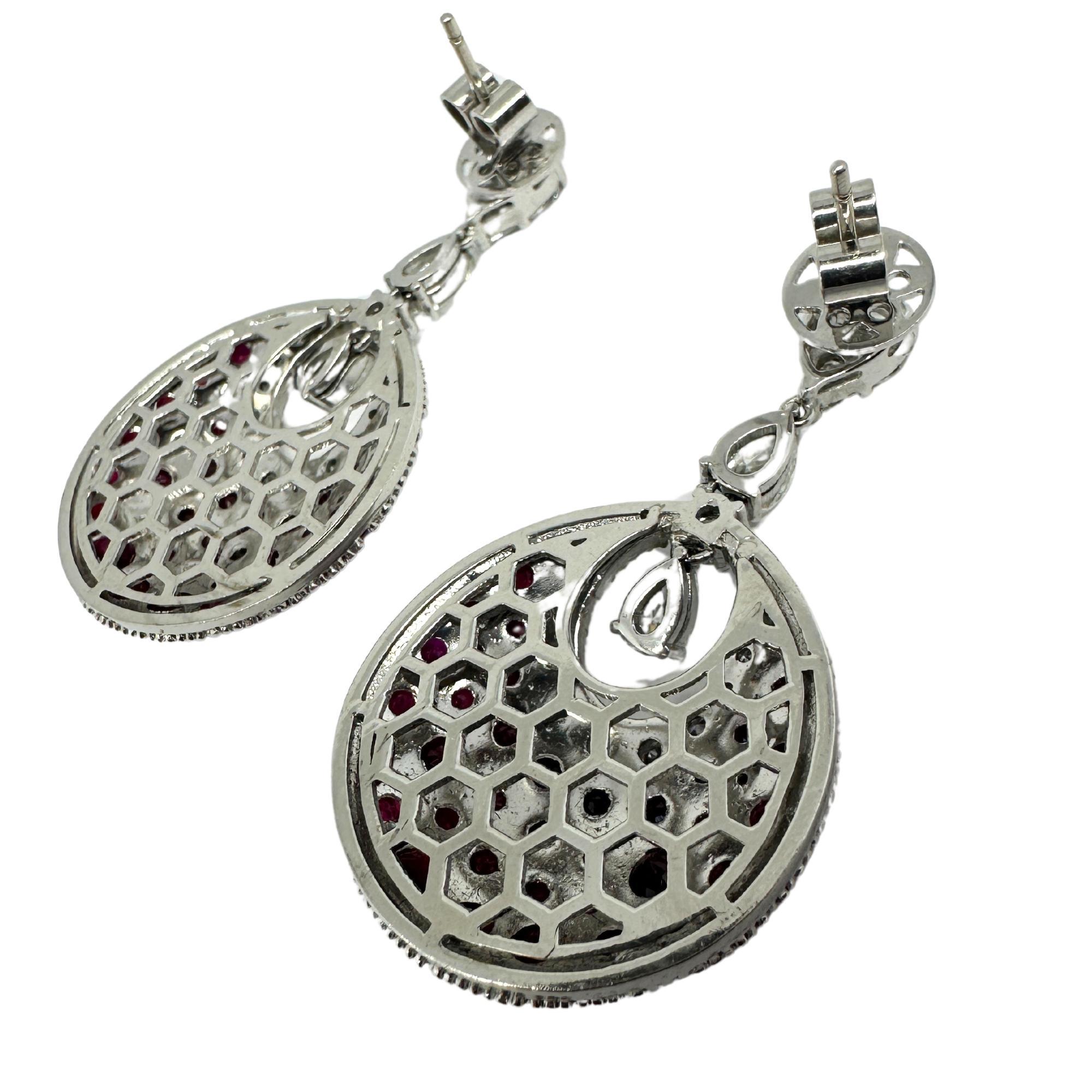 Round Cut 18K White Gold Diamond and Ruby Earrings For Sale