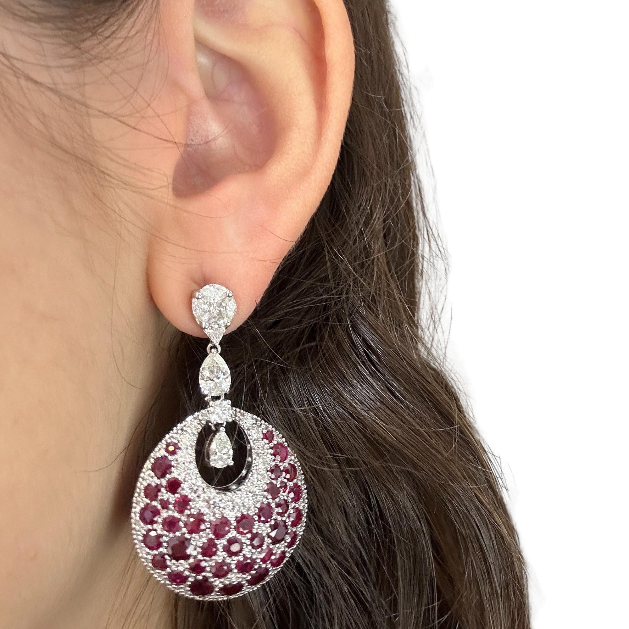 Women's 18K White Gold Diamond and Ruby Earrings For Sale