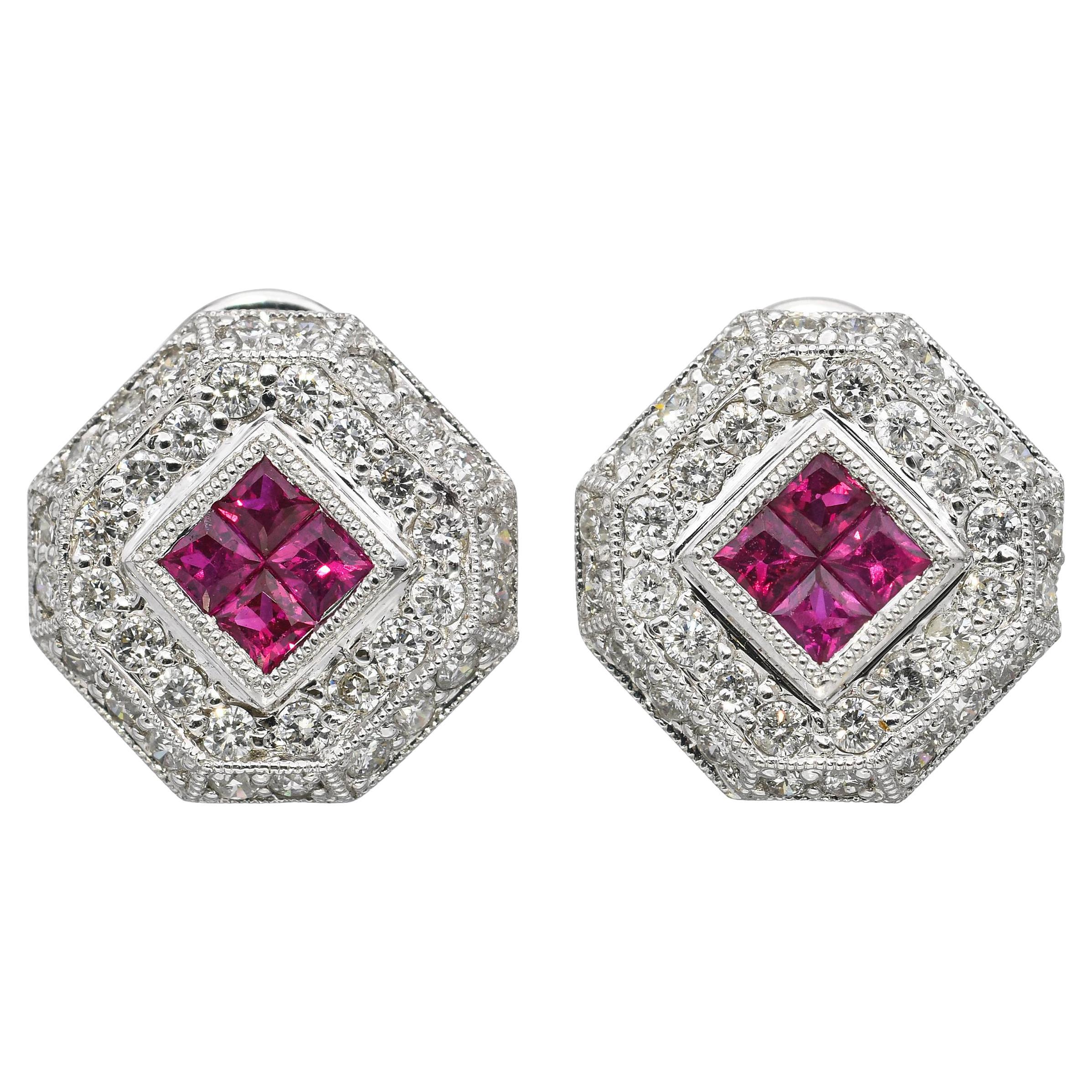 18k White Gold Diamond and Ruby Earrings