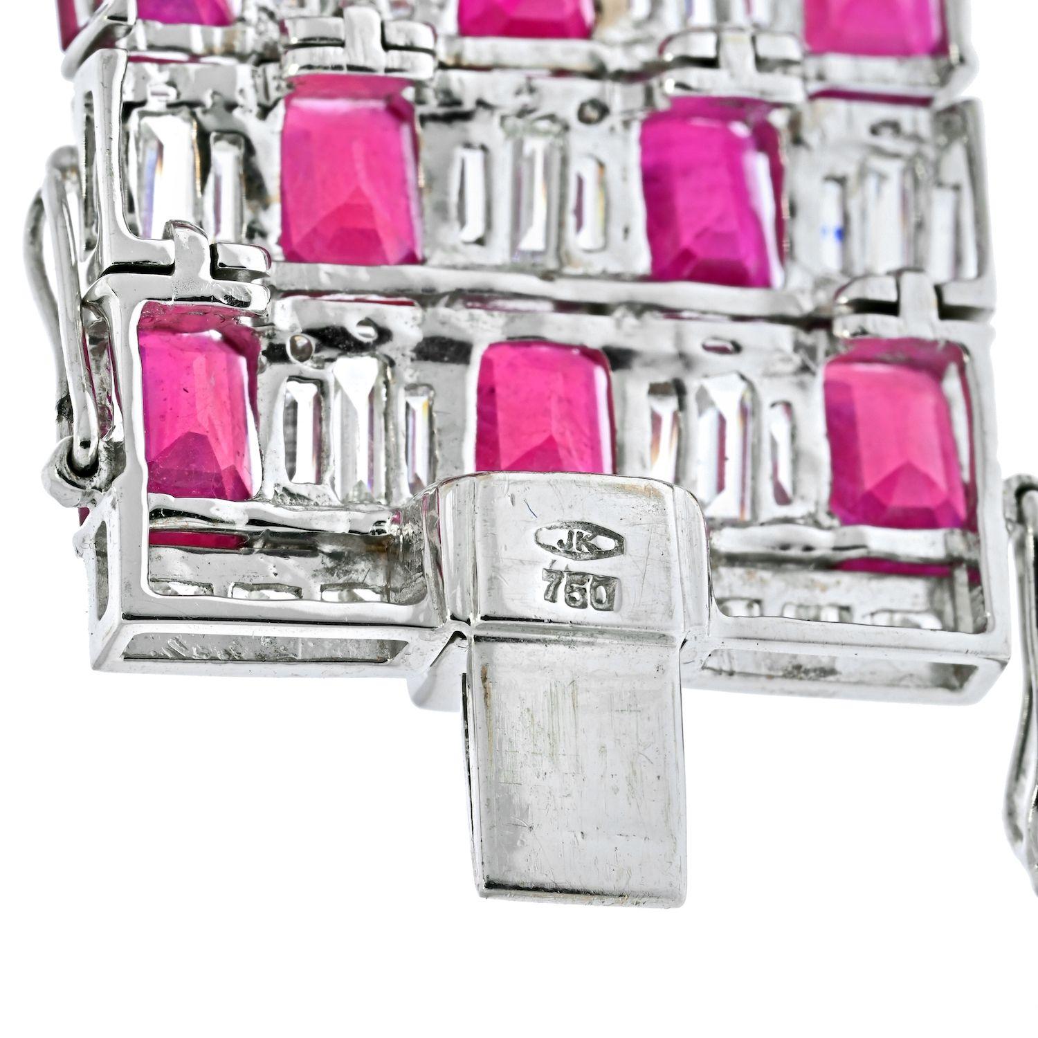 Modern 18k White Gold Diamond and Ruby Estate Carpet Style Bracelet For Sale