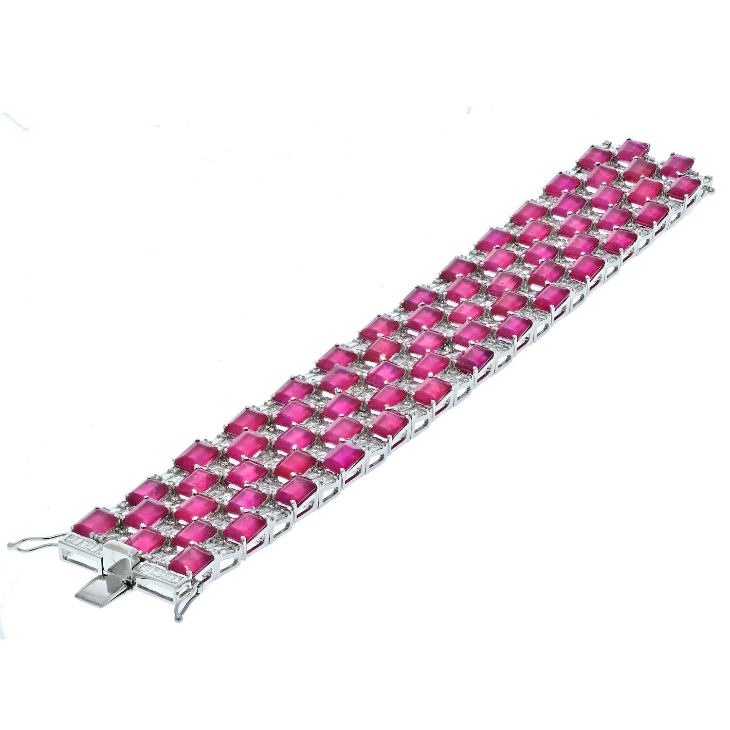 Emerald Cut 18k White Gold Diamond and Ruby Estate Carpet Style Bracelet For Sale