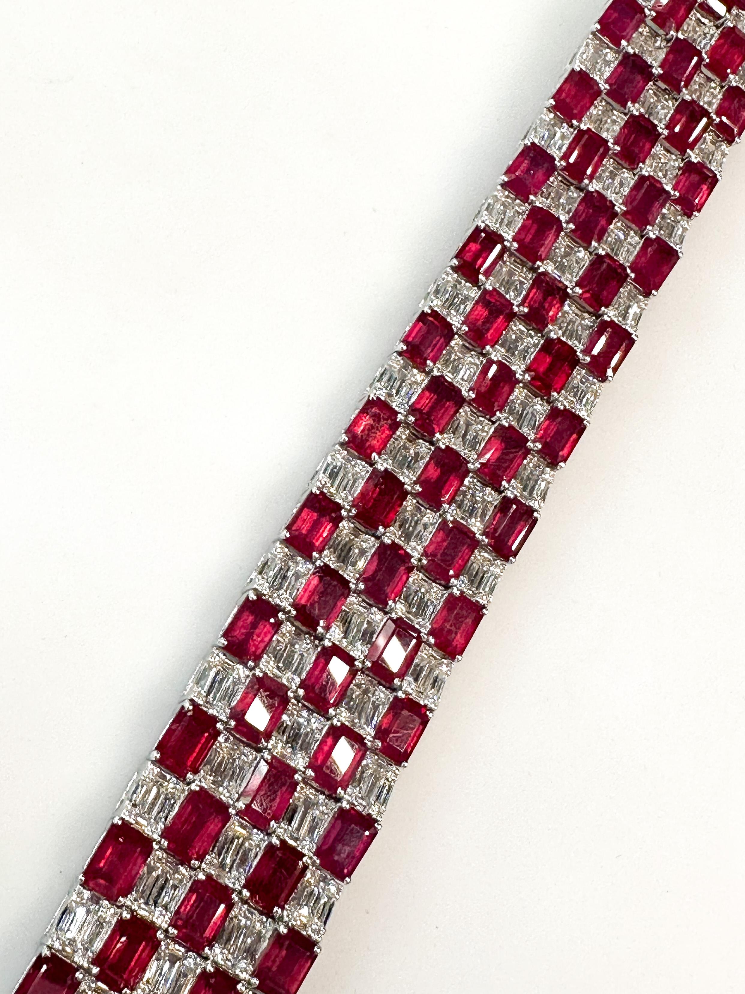 18k White Gold Diamond and Ruby Estate Carpet Style Bracelet For Sale 1