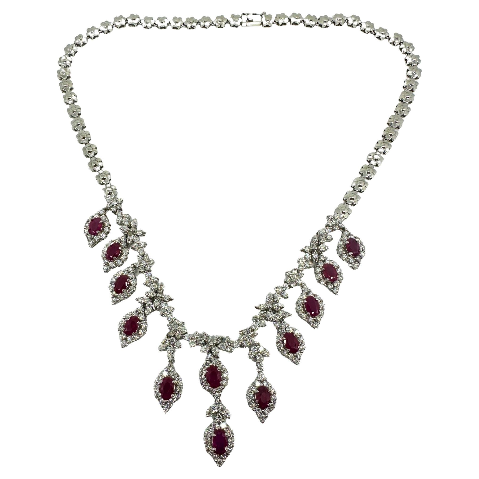 18K White Gold Diamond and Ruby Necklace