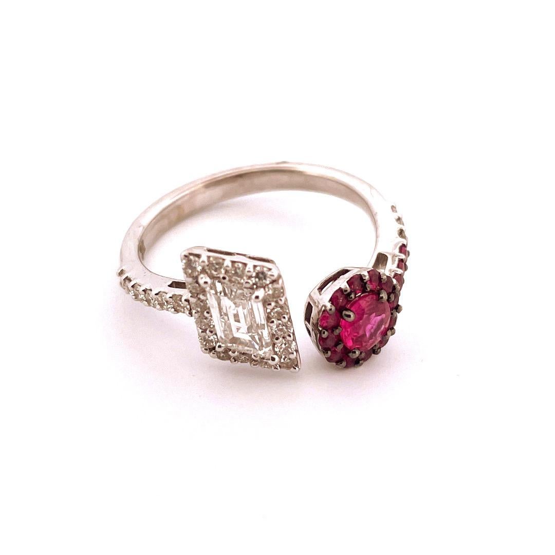 18k White Gold Diamond and Ruby Ring

This exquisite 18k white gold ring is a true work of art,
featuring a stunning combination of diamonds and rubies.
Weighing just 3.52 grams, this ring boasts a total carat weight of
0.65 TCW diamonds and 0.34