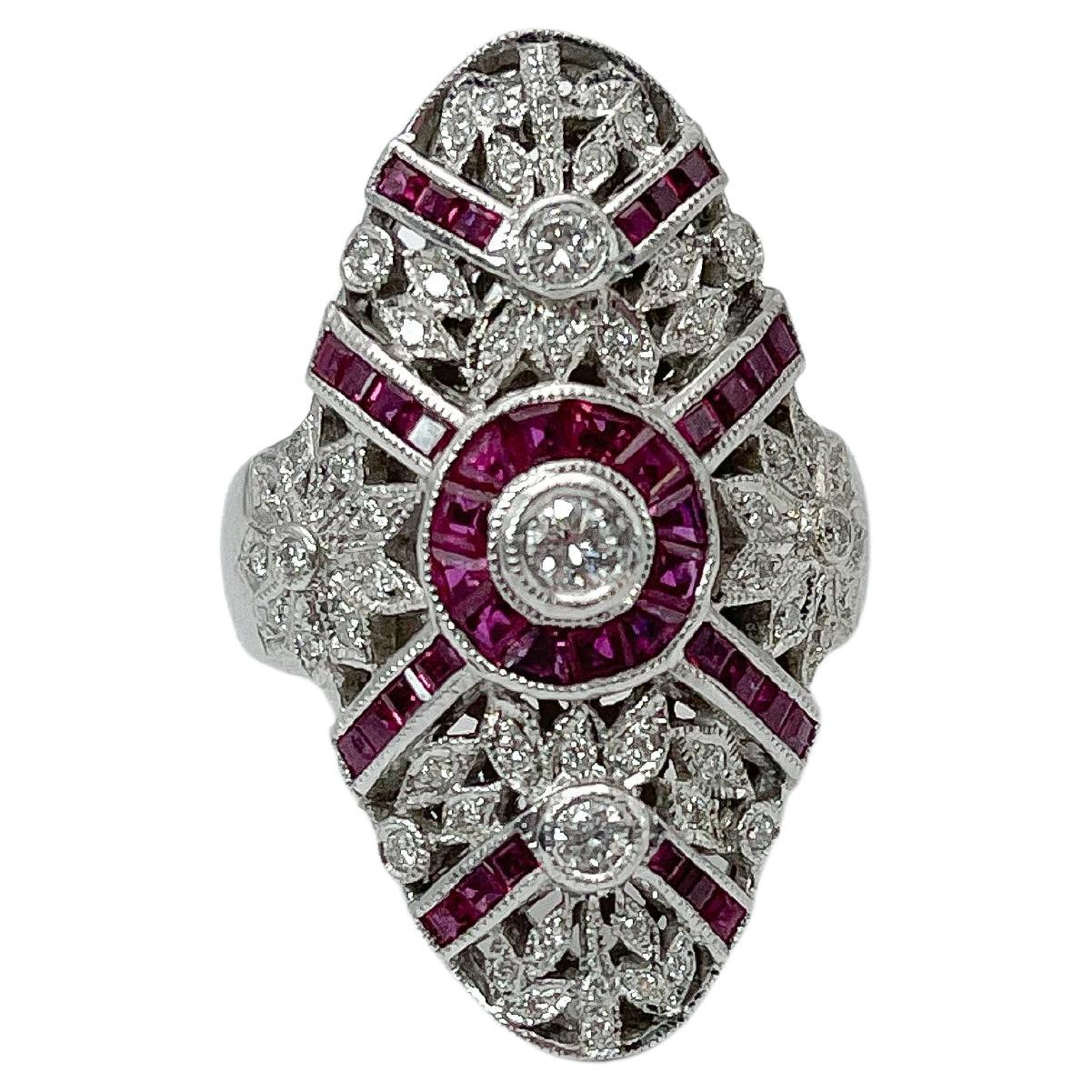 18k White Gold Diamond and Ruby Vintage Filigree Cocktail Fashion Ring 