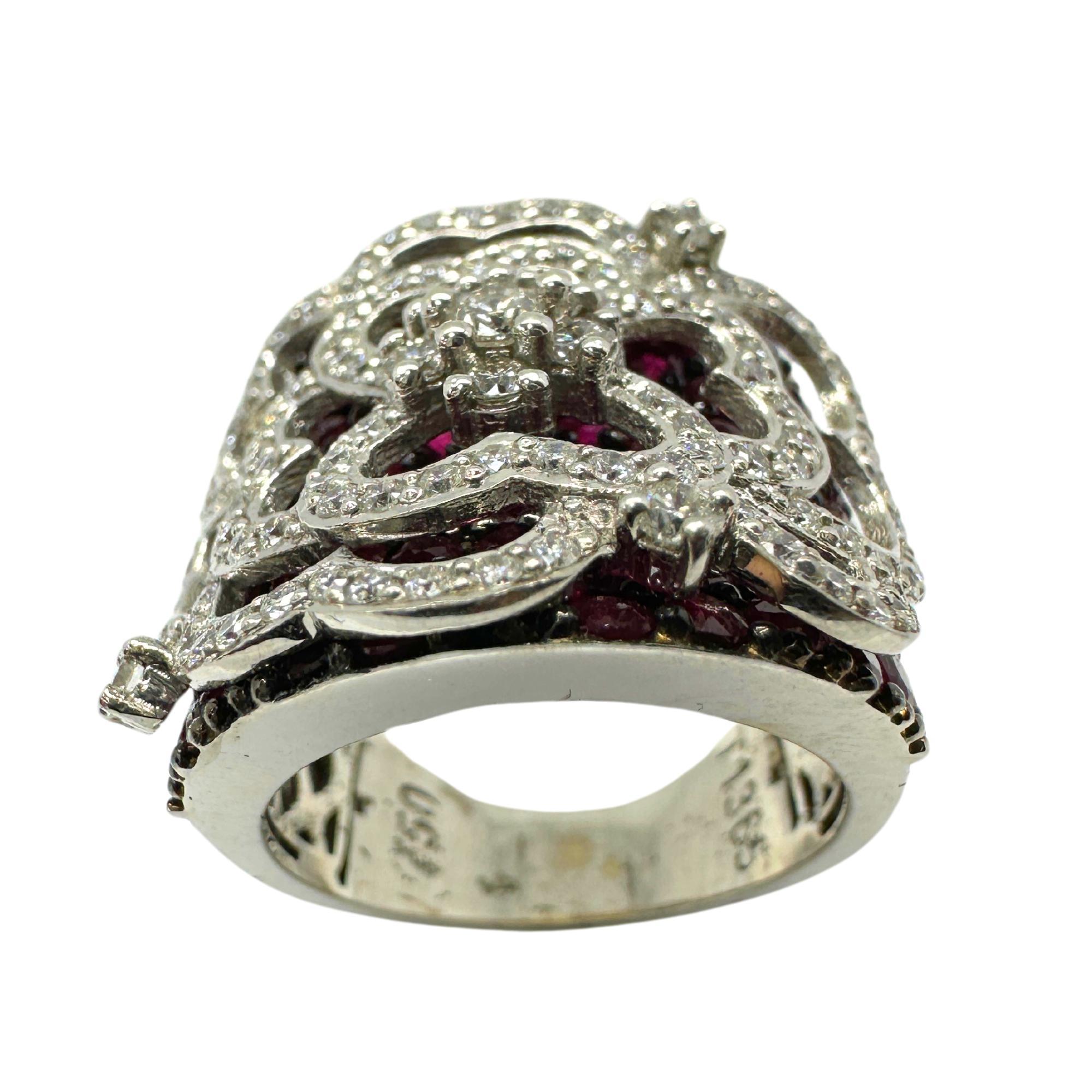 Round Cut 18K White Gold Diamond and Ruby Wide Band Ring For Sale