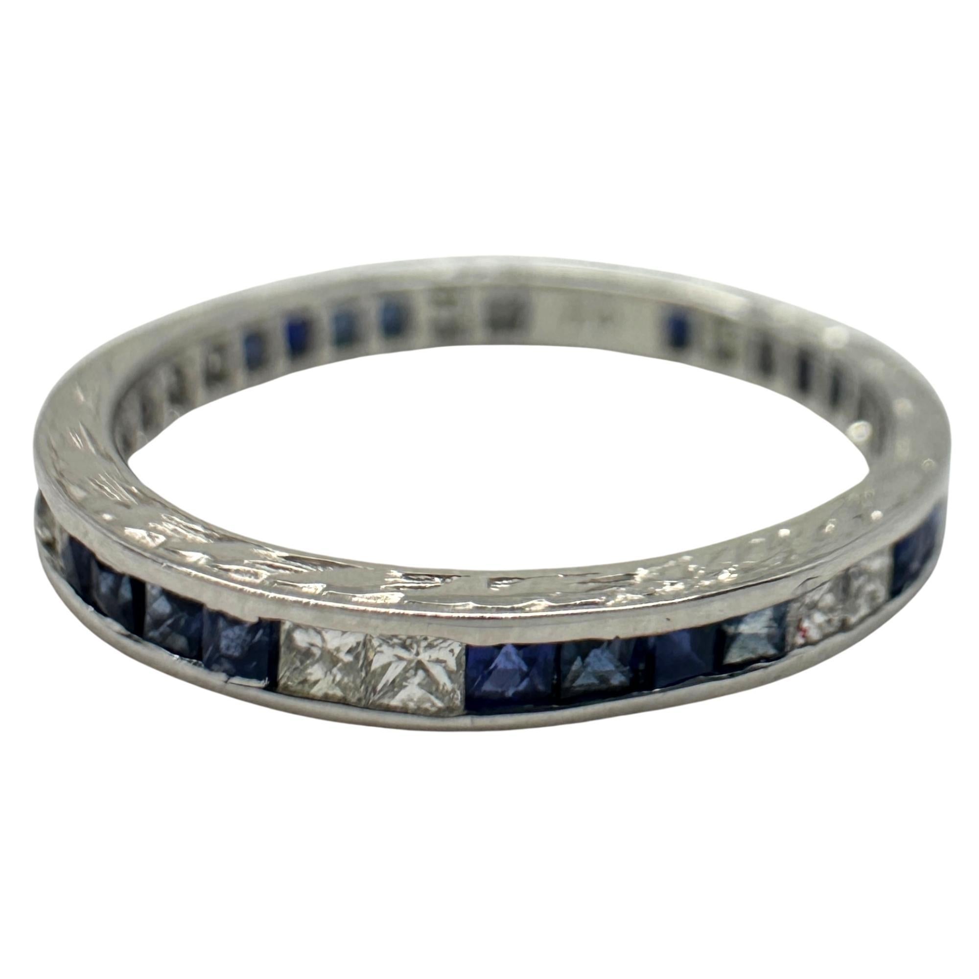18K White Gold Diamond and Sapphire Band
Condition: In good condition with some minor surface wear consistent with age.
Ring size: 6.25
Total Weight: 1.5 grams
Diamonds: 0.30 carat
Blue Sapphire: 0.35 carat