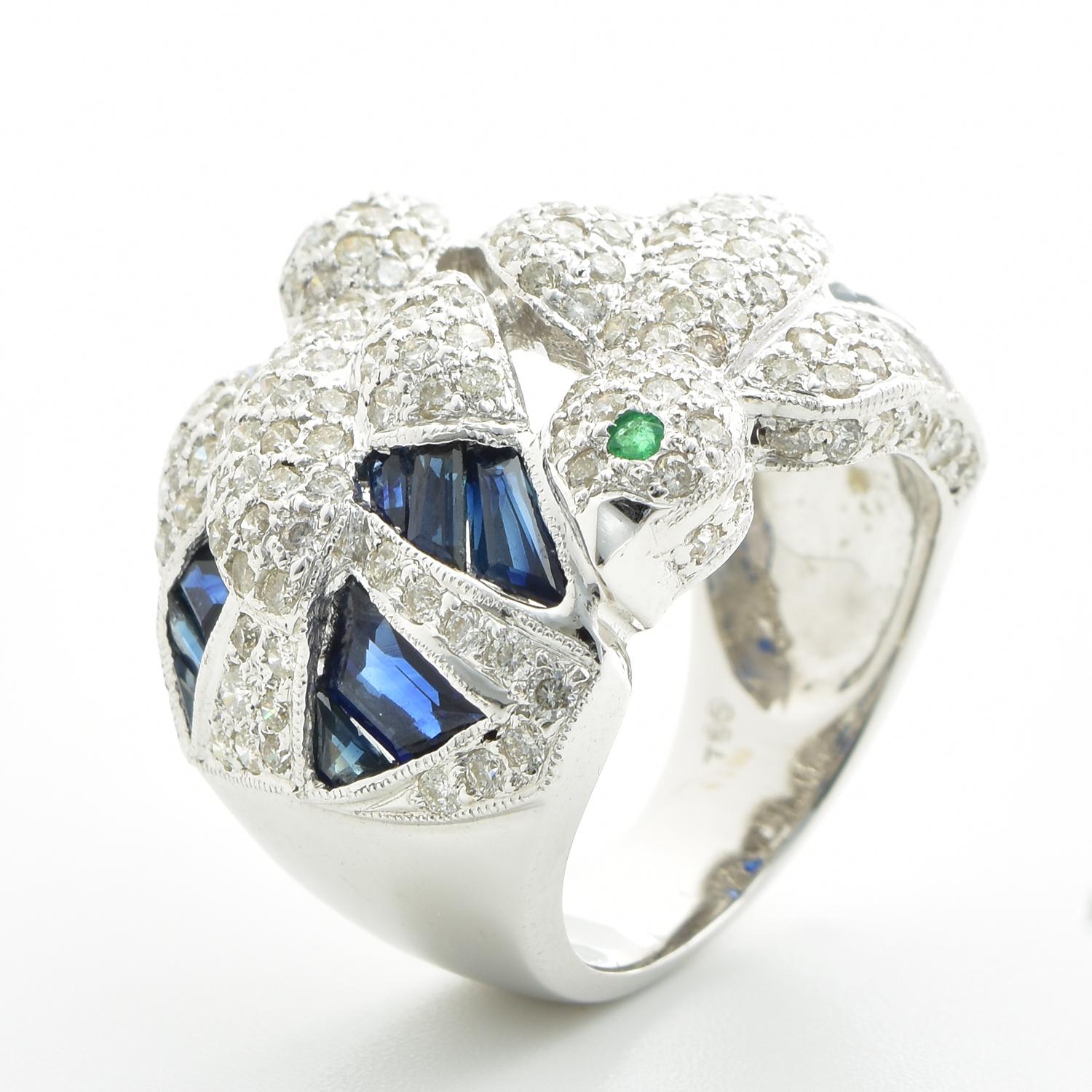 Women's or Men's 18 Karat White Gold Diamond and Sapphire Birds Ring