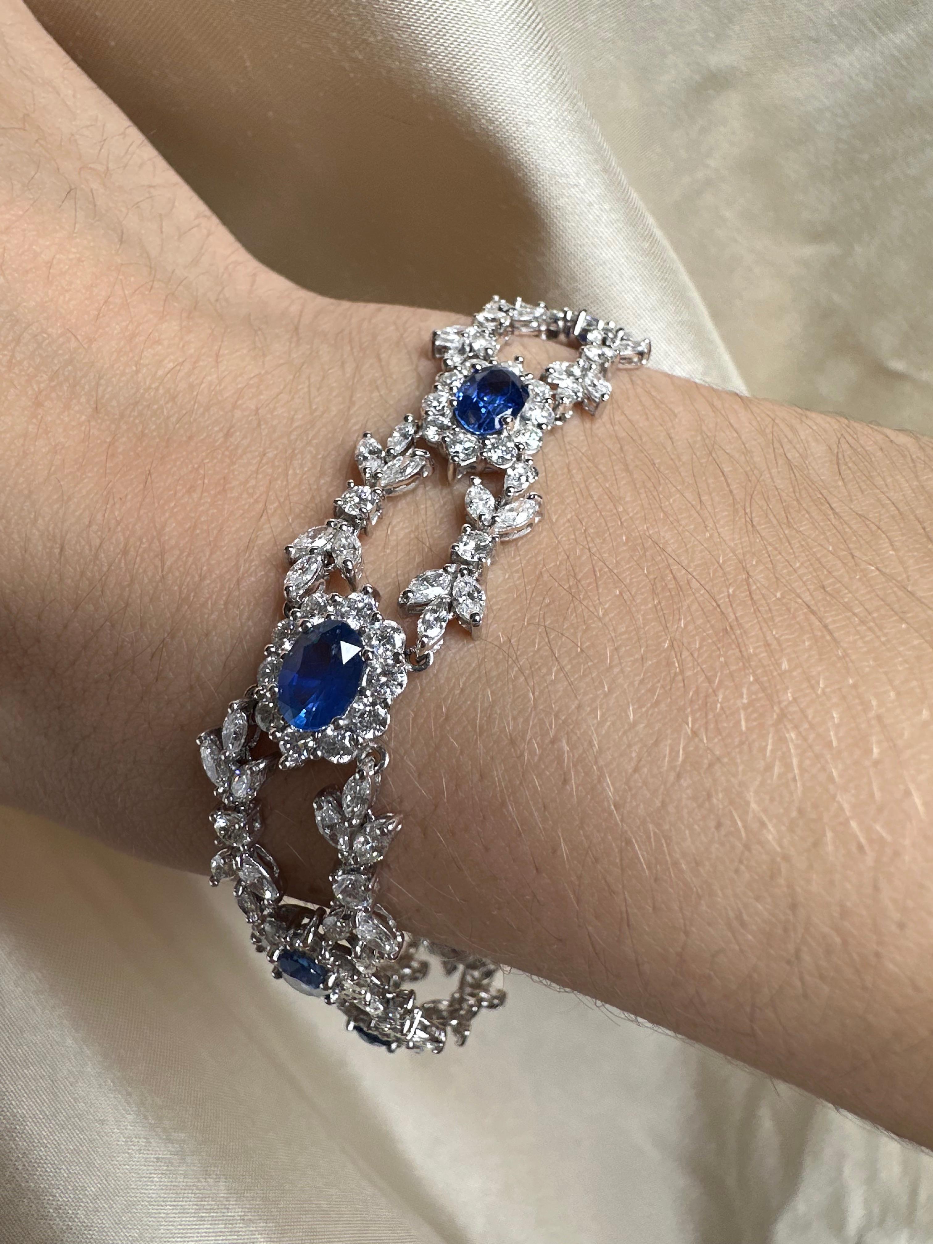 Taglio misto Bracciale in oro bianco 18K con diamanti e zaffiri - 7,5 pollici in vendita