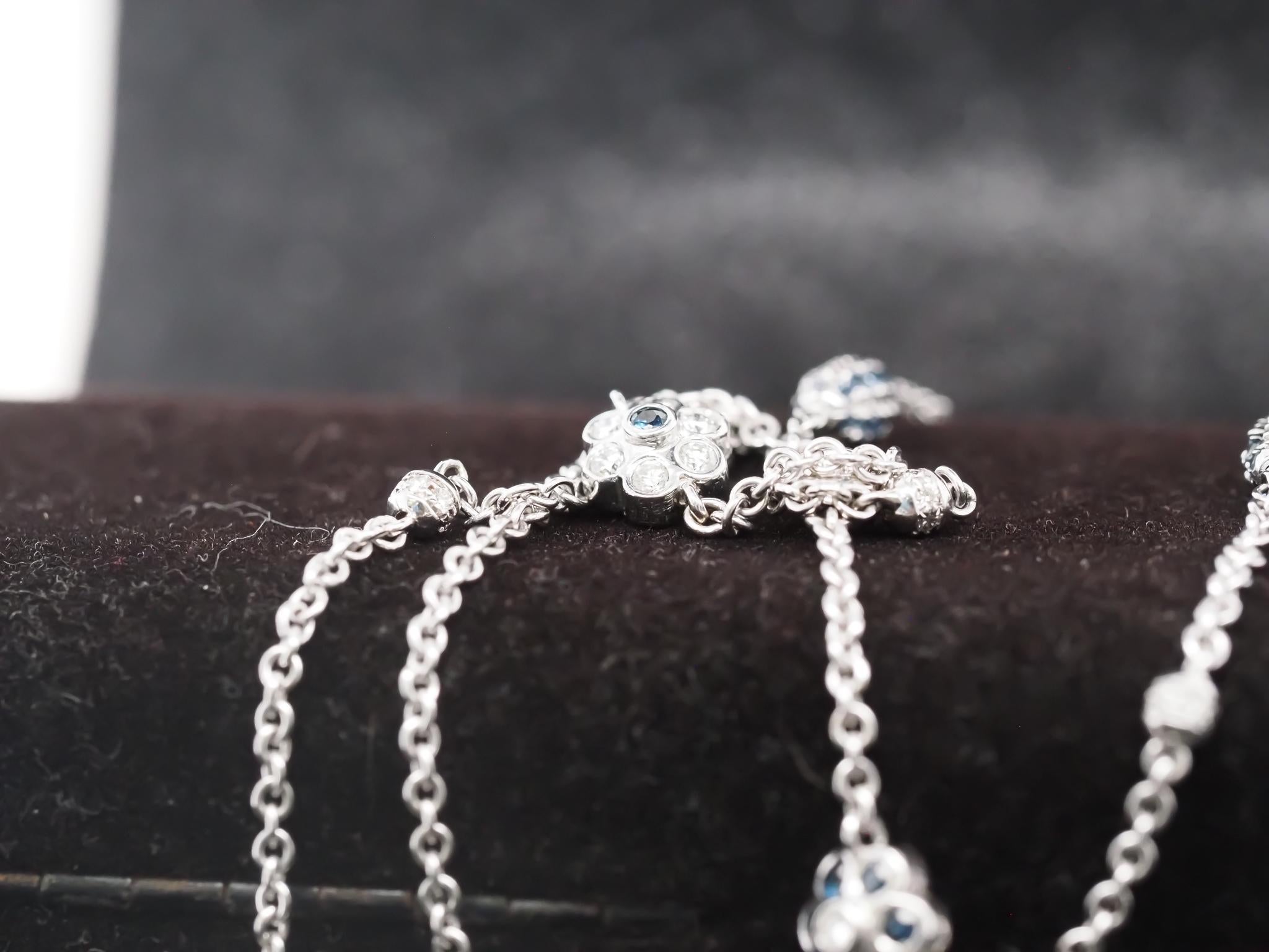 Brilliant Cut 18K White Gold Diamond and Sapphire by the yard Necklace For Sale