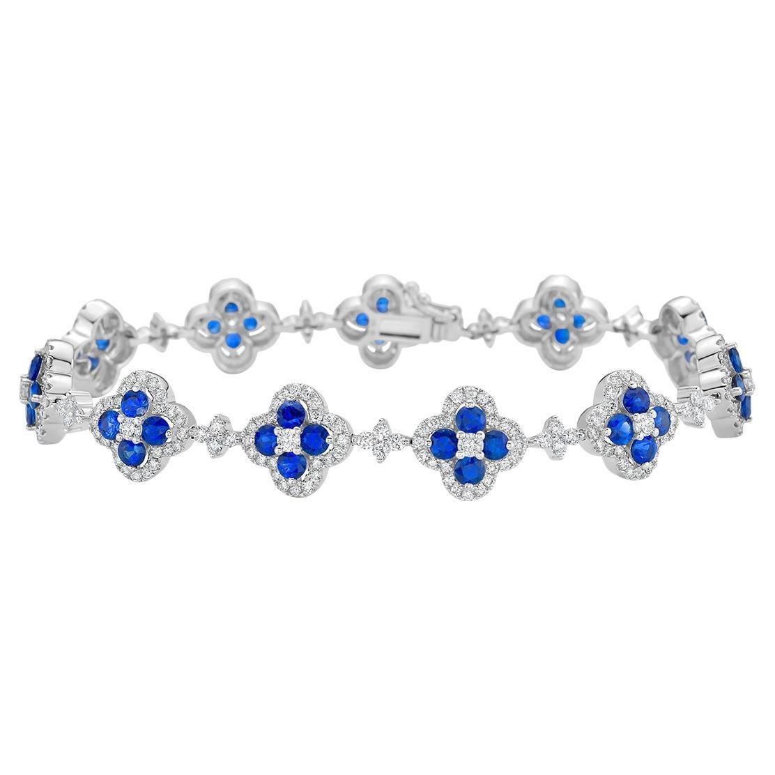 Bracelet trèfle en or blanc 18K avec diamants et saphirs en vente