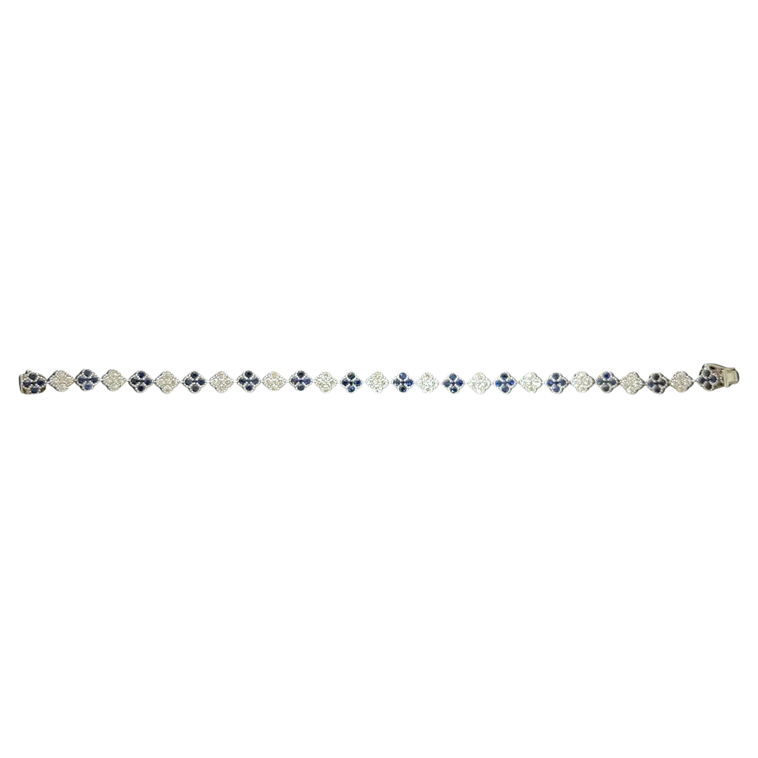 Brilliant Cut 18k white Gold Diamond and Sapphire Clover Style Tennis Bracelet