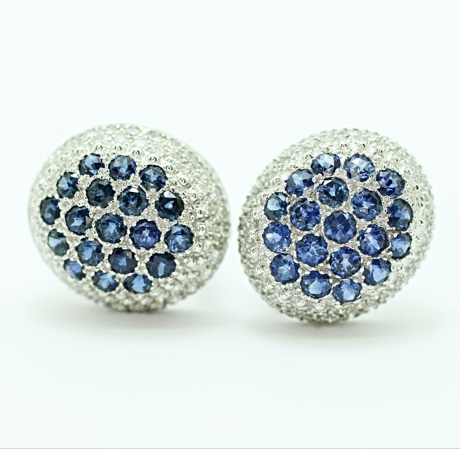 Women's or Men's 18k White Gold Diamond and Sapphire Cluster Earrings For Sale